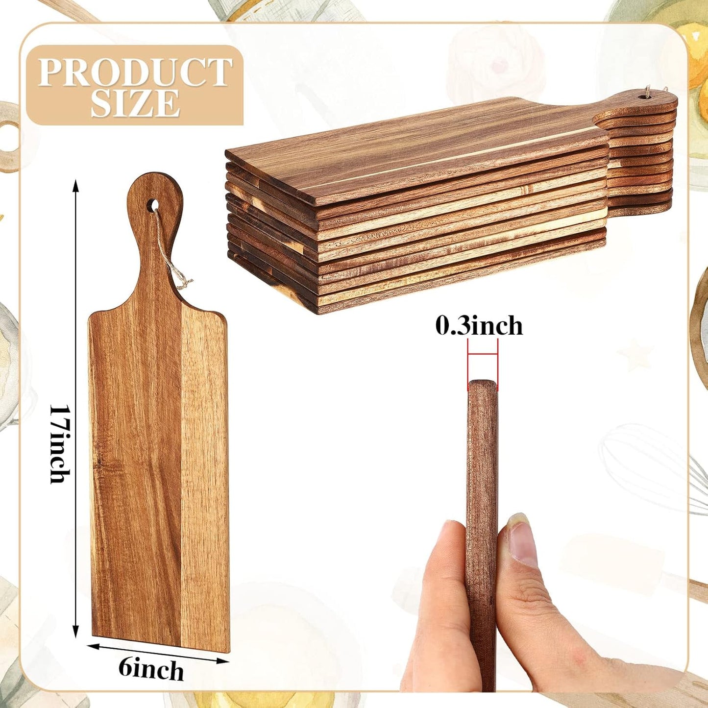 Patelai 12 Packs Wooden Cutting Board Set with Handles Large Kitchen Serving Plain Chopping Board Bulk Gifts for Mom for Vegetables Meat Pizza Cheese Fruit Bread(Acacia Wood,17 x 6 Inch)