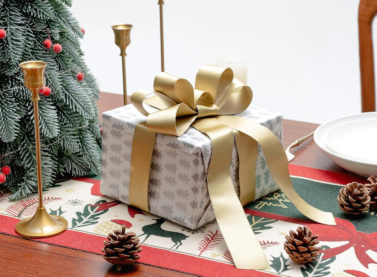 Gold Satin Wired Ribbon 1-1/2 Inch Double-Faced Glitter Ribbons for Wreath, Christmas Tree Decoration, Gift Wrapping, Home Decor 10 Yards