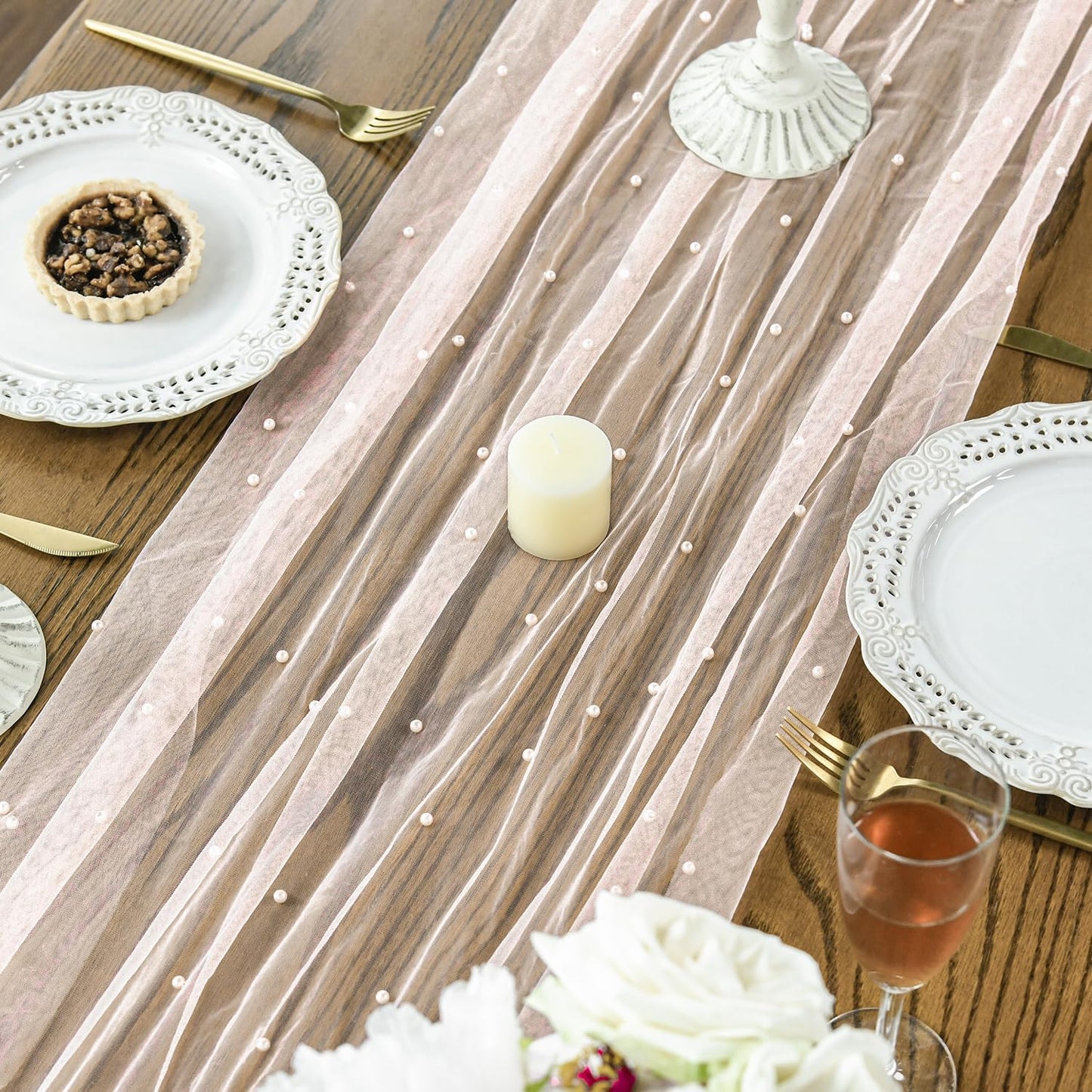 Artoid Mode Pearl Pink Gauze Table Runner 120 Inch 10FT, Seasonal Sheer Dining Holiday Wedding Birthday Baby Shower Table Decor for Home Party