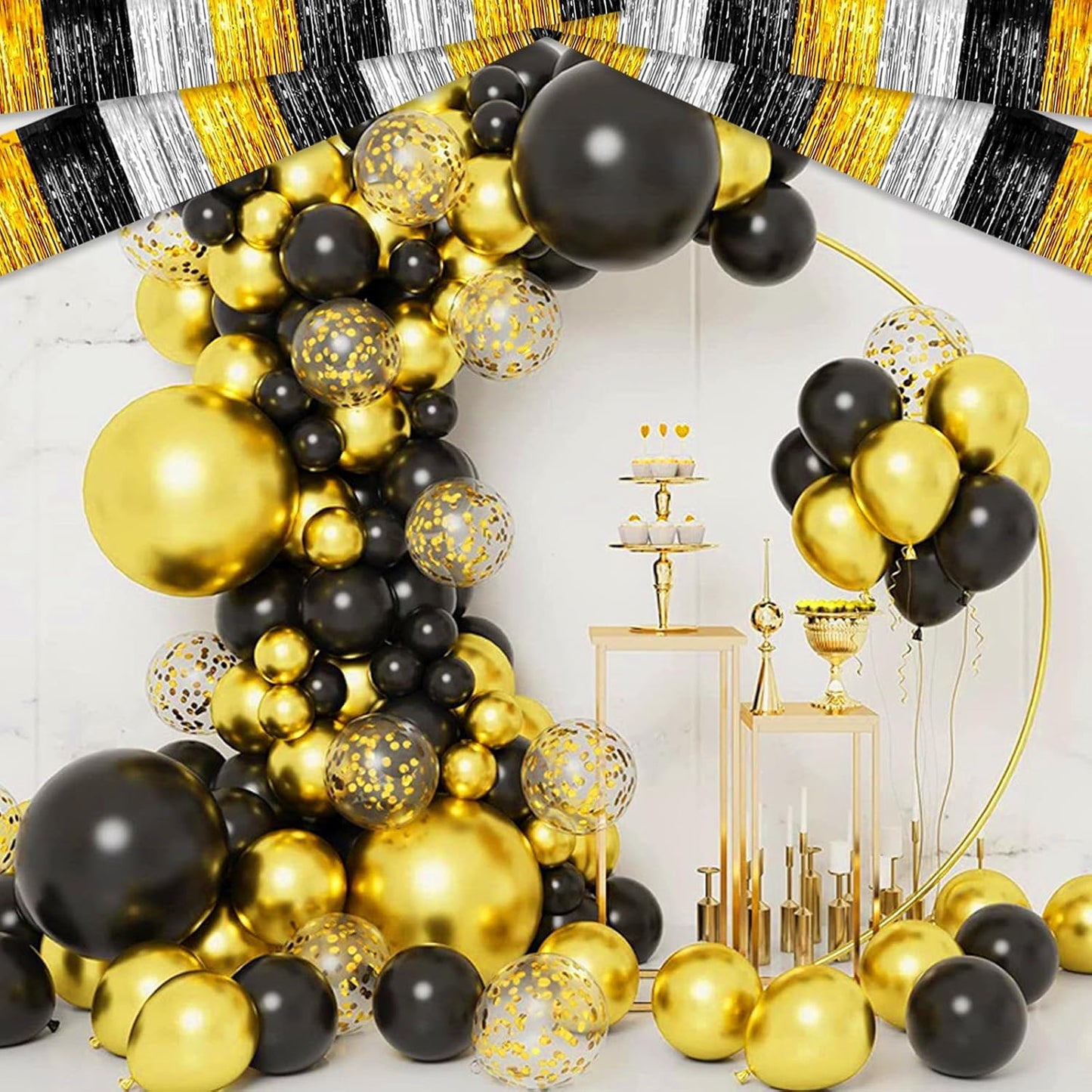 6 Pack 10 Feet Black Gold Silver Foil Fringe Garland Metallic Tinsel Streamers Banner Wall Hanging Curtain Backdrop for Parade Floats, Birthday, Graduate, Mother's Day, Wedding Party Decoration