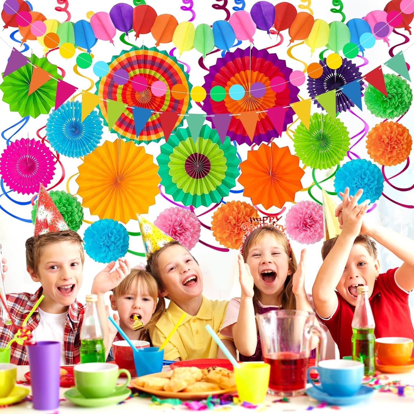 33Pcs Fiesta Decorations Cinco De Mayo Decorations Multi-Color Paper Fans Garlands Pennant Pom Poms Hanging Swirls For Birthday Wedding Rainbow Mexican Party