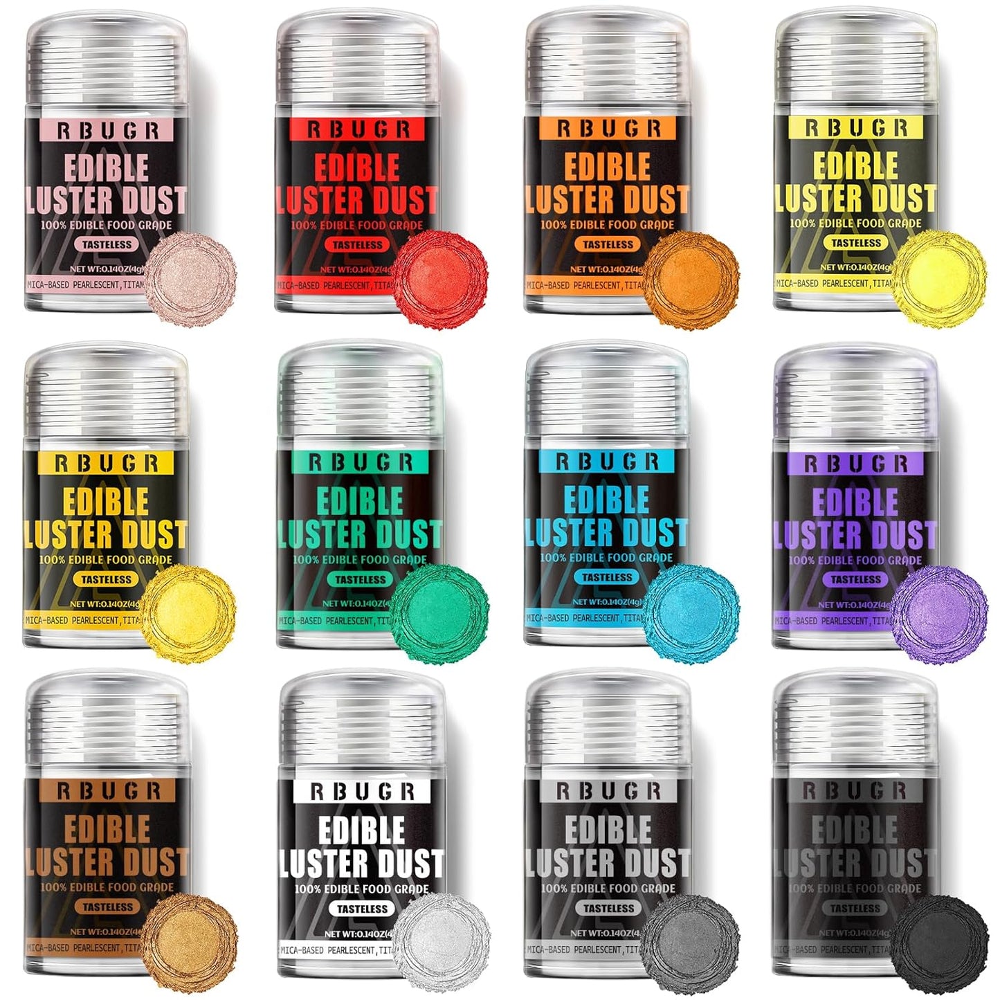 RBUGR Luster Dust Edible, 12 Colors Edible Glitter Pack, Cocktail Food Glitter Edible Dust, Vegan Edible Shimmer, Drink Powder for Cakes Cookies Chocolates Baking（4g/0.14oz）