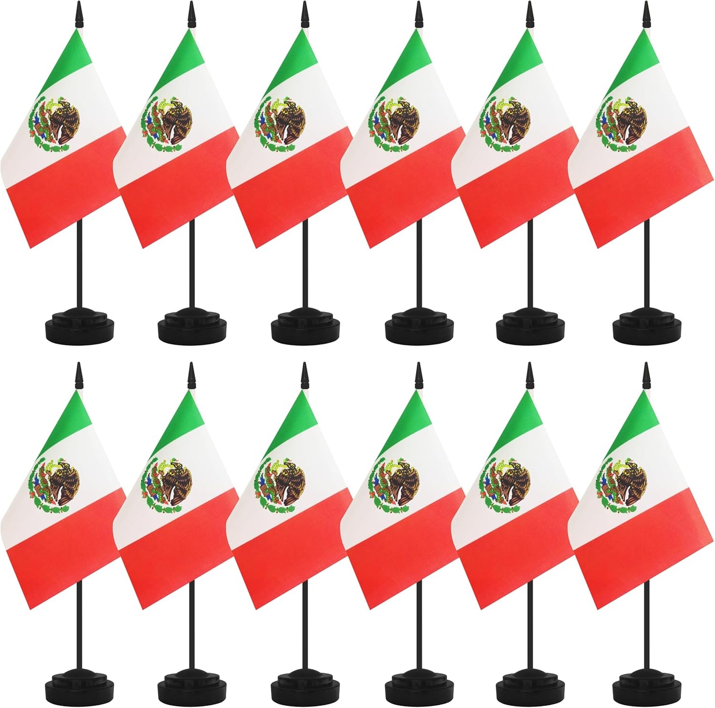 12 Pack Mexico Desk Flags, Mexican Desktop Flag, Small Miniature Office Flags with 12" Black Pole and Black Base, Offices, Classroom, Home, Festival Decoration (Mexico)