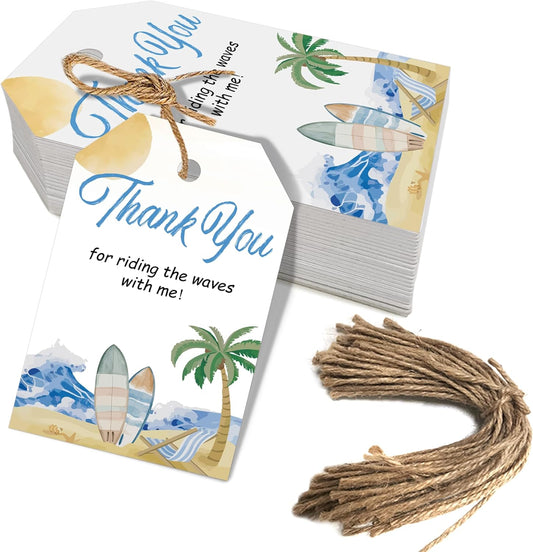 50pcs Surfing Thank You Tags, The Big One Surf Up Favor Tags for Summer Beach Themed Birthday and Baby Shower Party Gift Wrapping Decoration (Surf)