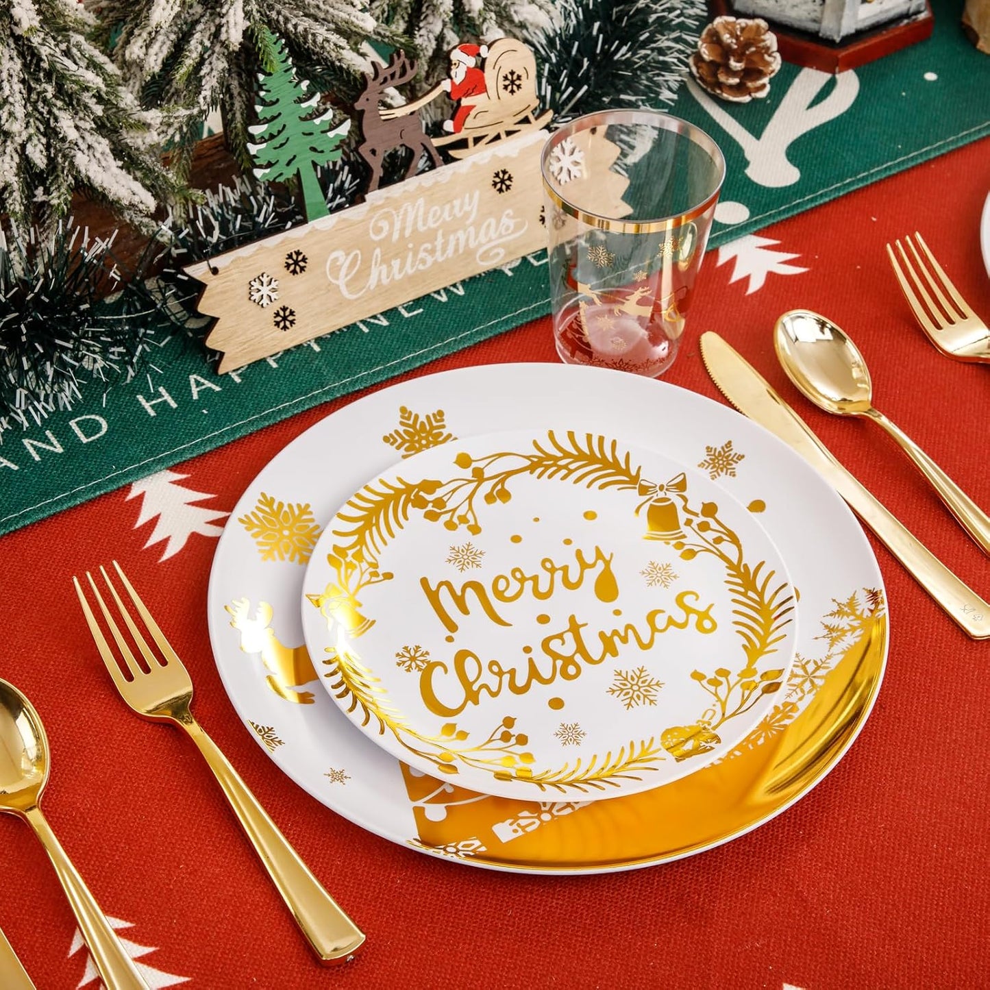 Supernal 150pcs Christmas Plates, Christmas Plastic Dinnerware include Gold Plastic Plates,Gold Plastic Silverware,Gold Plastic Cups, Christmas Party Plates for 25 Guests