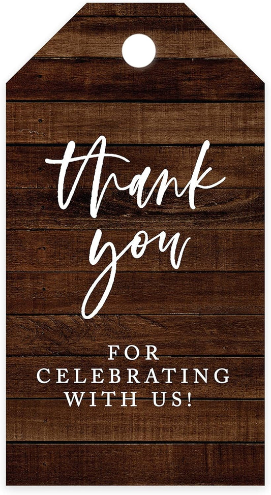 Andaz Press 100-Pack Thank You for Celebrating with Us Favor Tags Rustic Wood Cardstock Gift Tags with Bakers Twine for Wedding Baby Shower Bridal Shower Birthday Holiday Party Favors 2 x 3.75-Inches