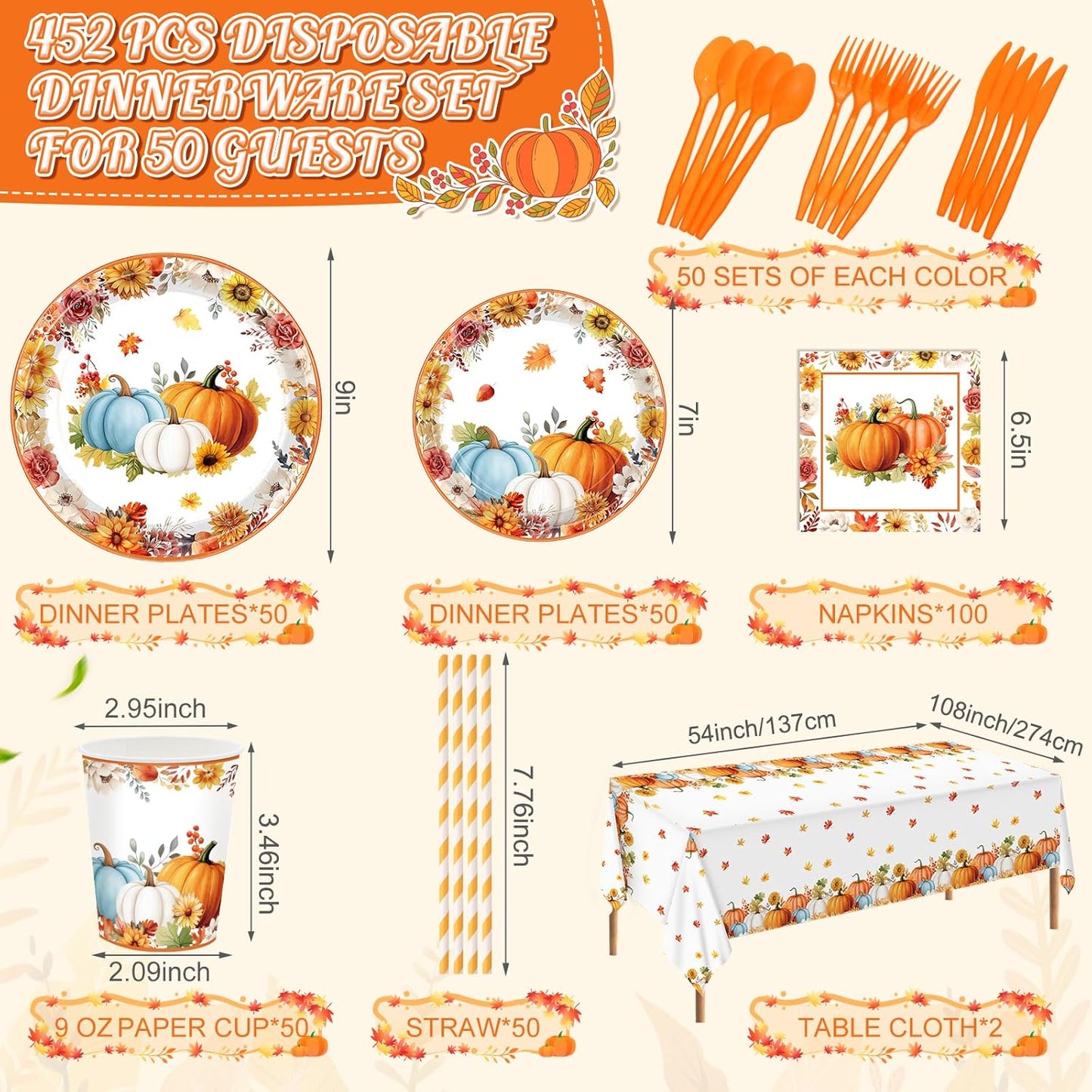 452 Pcs Fall Party Decorations Thanksgiving Party Supplies Fall Maple Leaves Pumpkins Paper Plates Napkins Cups Tablecloth Cutlery Straws for Autumn Thanksgiving Harvest Birthday Holiday