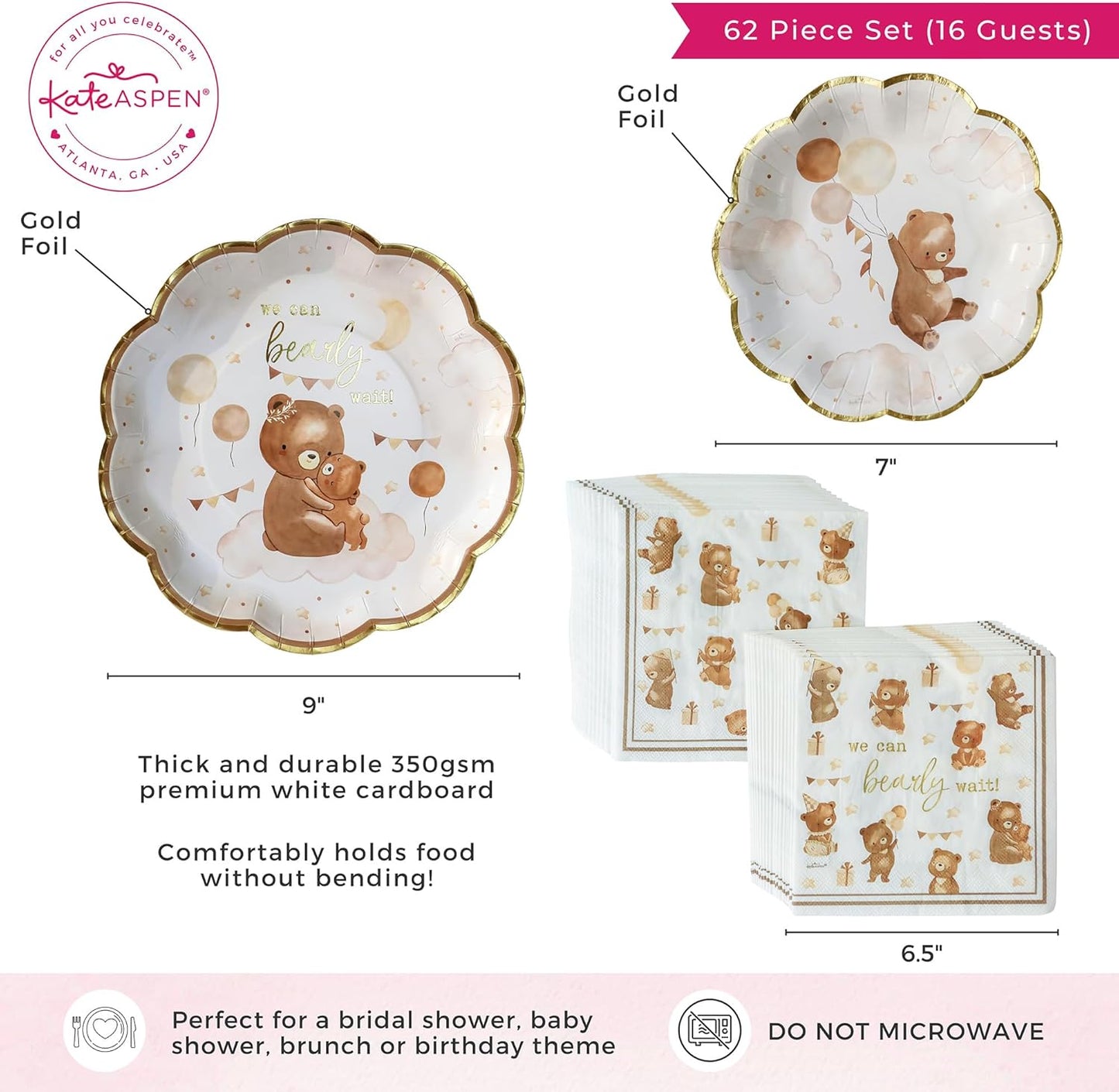 Kate Aspen We Can Bearly Wait Baby Shower Plates and Napkins Party Decorations Plates & Napkins; Adorable & Classic Teddy Bear Baby Shower (62 Piece - 16 Guests)