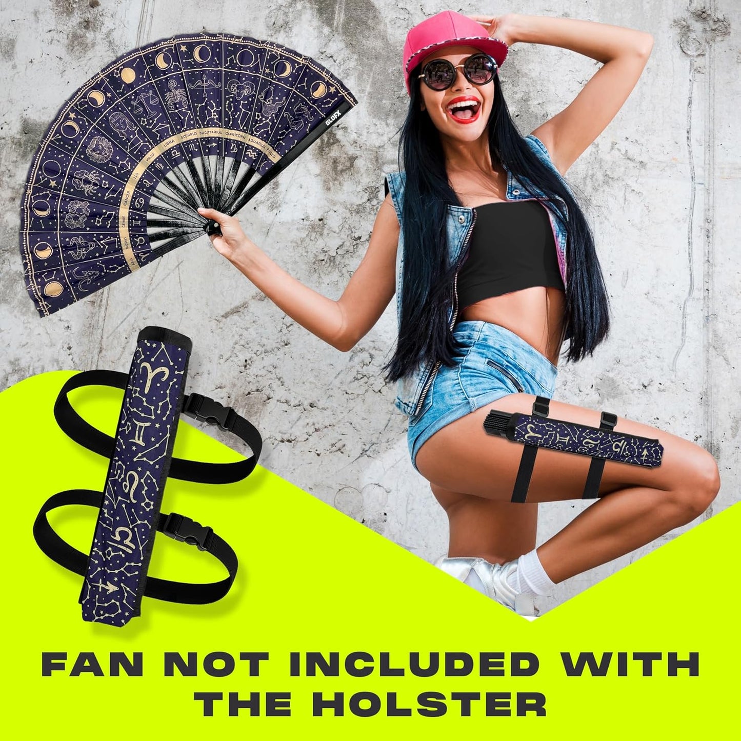 GloFX Zodiac Fan Holster – Astrology Belt Holster for Folding Hand Fans – Fan Holder Pouch for Waist or Belt – Fan Accessory for Festivals and Performances
