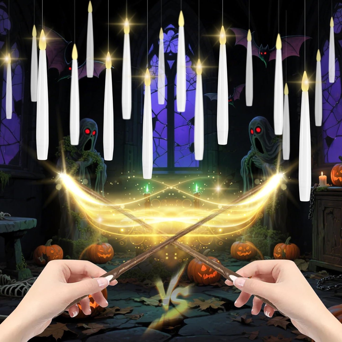 Floating Candles with Wand, 20 Pack 2 Wands Halloween Magic Hanging Candles Flameless Floating Candles Battery Operated for Halloween Decorations Gift Idea
