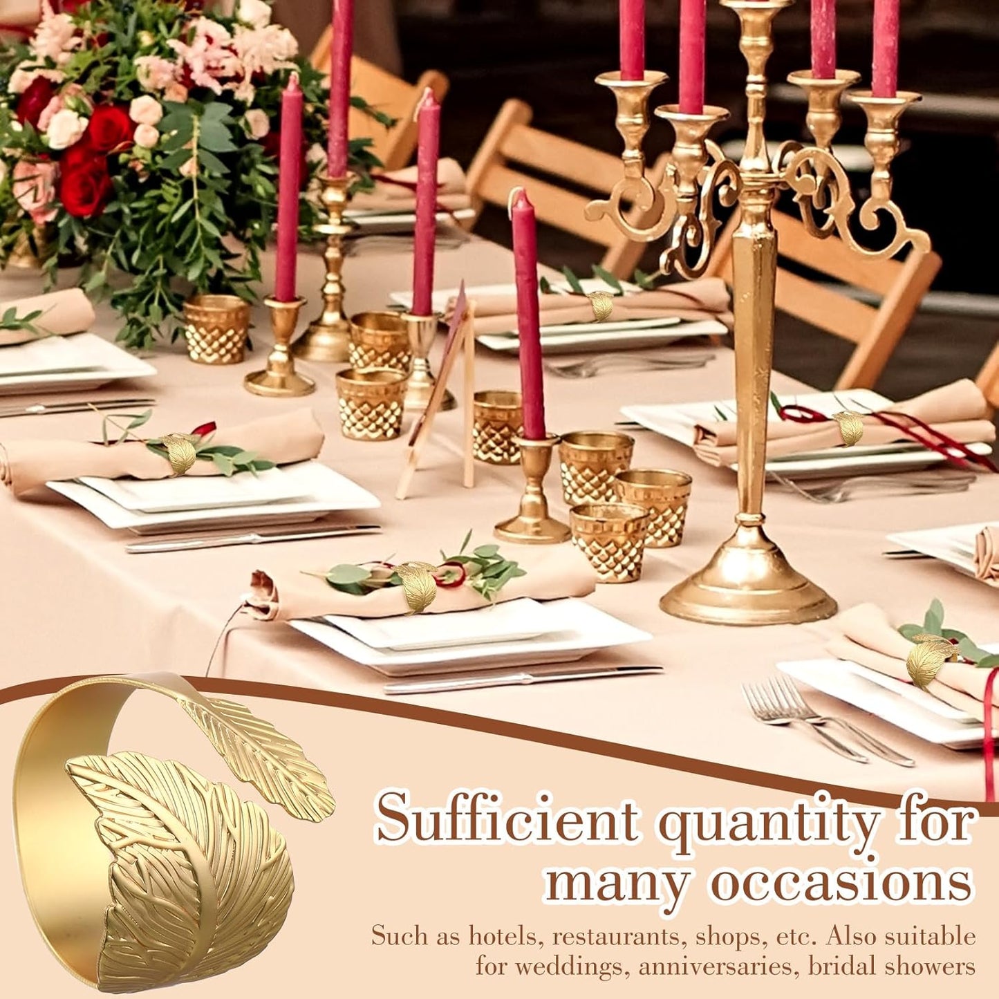 Bokon 100 Pcs Gold Napkin Rings for Wedding Shiny Metal Napkin Holder Study Leaf Shaped Table Decor for Dinner Parties Celebrations Receptions Thanksgiving Easter Christmas