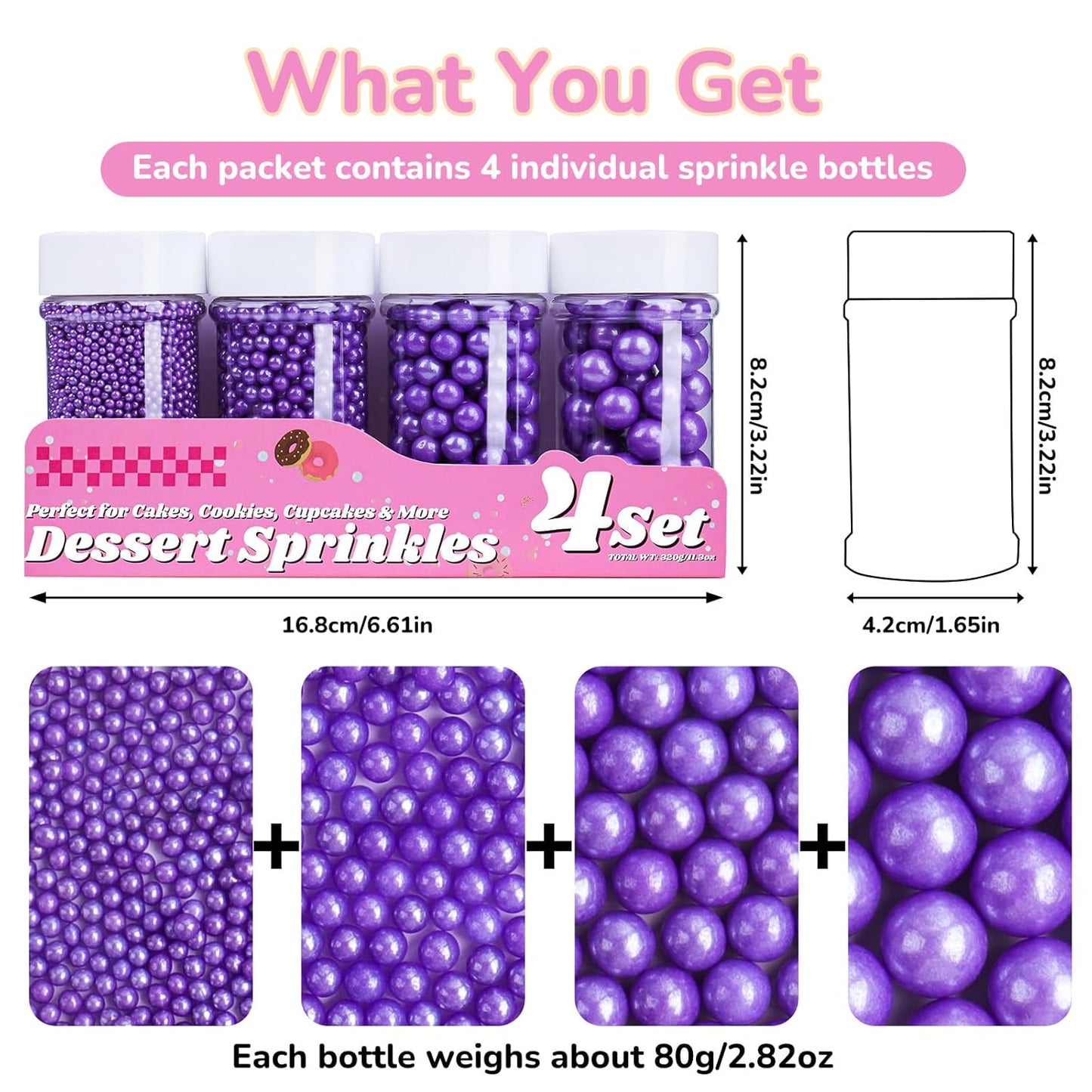 Purple Pearl Sprinkles for Cake Decorating, 11.3 Oz Edible Pearls Sugar 4 Sizes Gift Box Set for Baking Cookie Ice Cream Cupcake Toppings