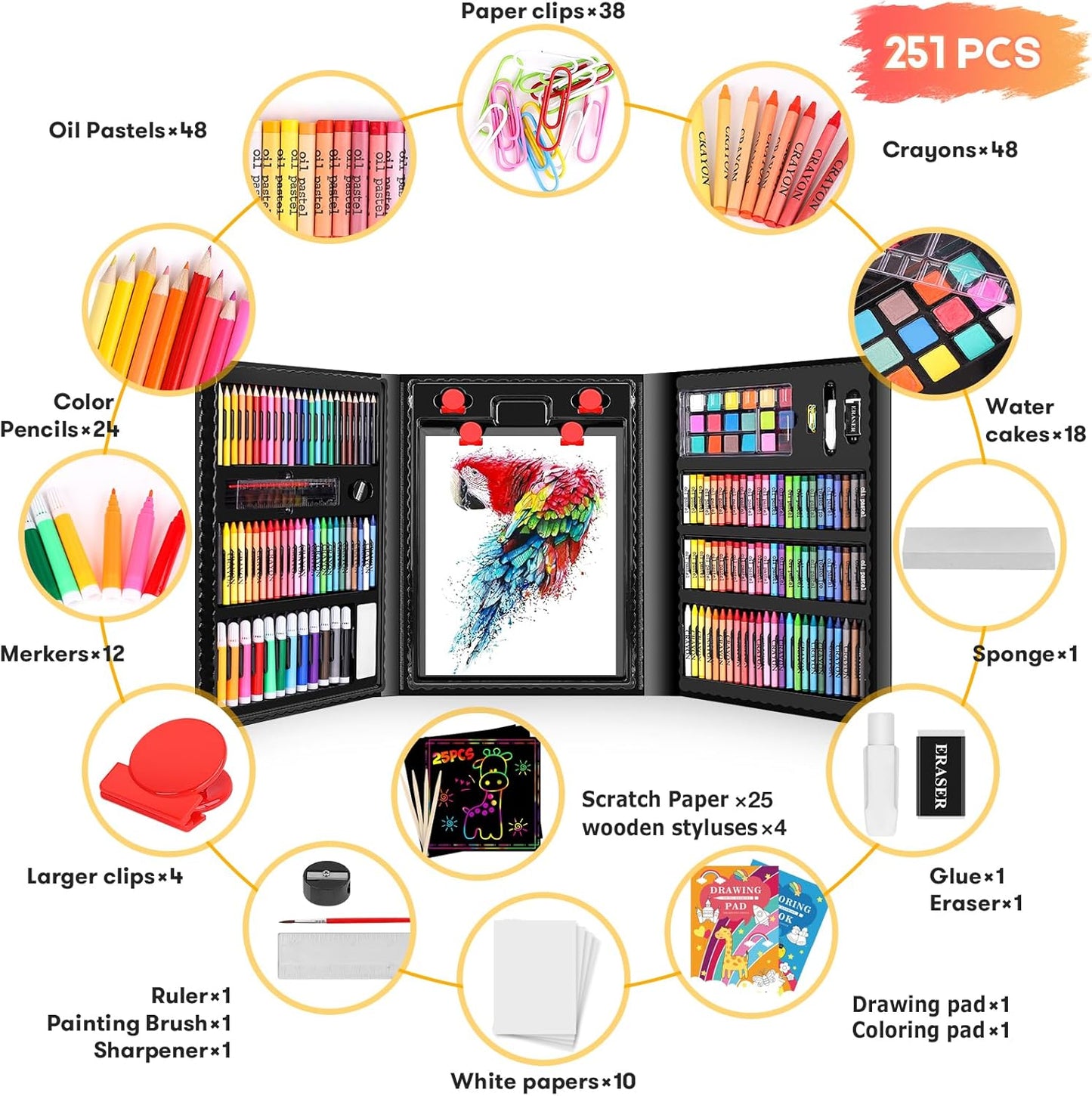 Art Kit, 251-Pack Art Supplies Drawing Kits, Arts and Crafts Gifts Box for Kids Teen Girls Boys, Art Set Case with Trifold Easel, Scratch Paper, Sketch Pad, Coloring Book, Crayons, Pencils