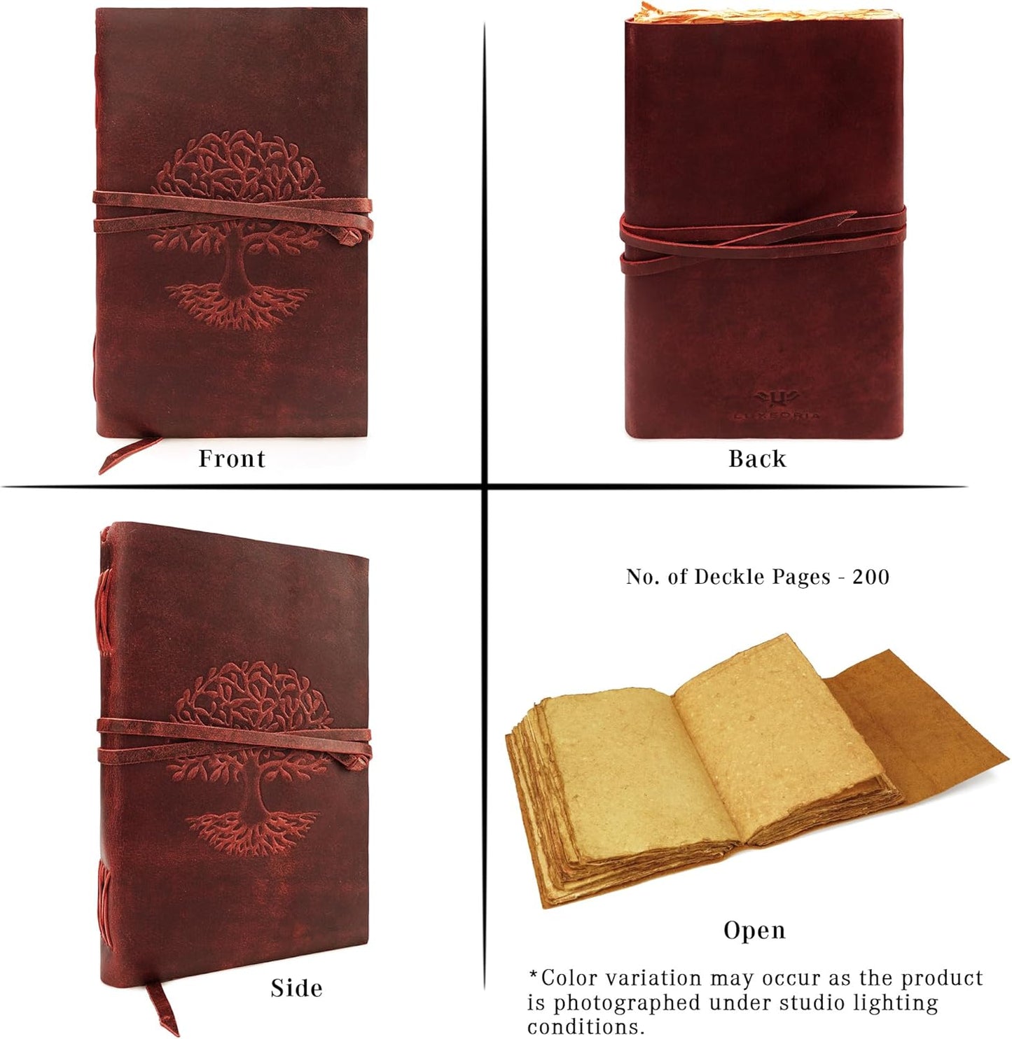 LUXEORIA Tree Of Life Leather Journal for Women and Men, Handcrafted Leather Journal for Writing Womens, Sketchbook, Travel Diary with Unlined Deckle Paper, Wine Red 8x13