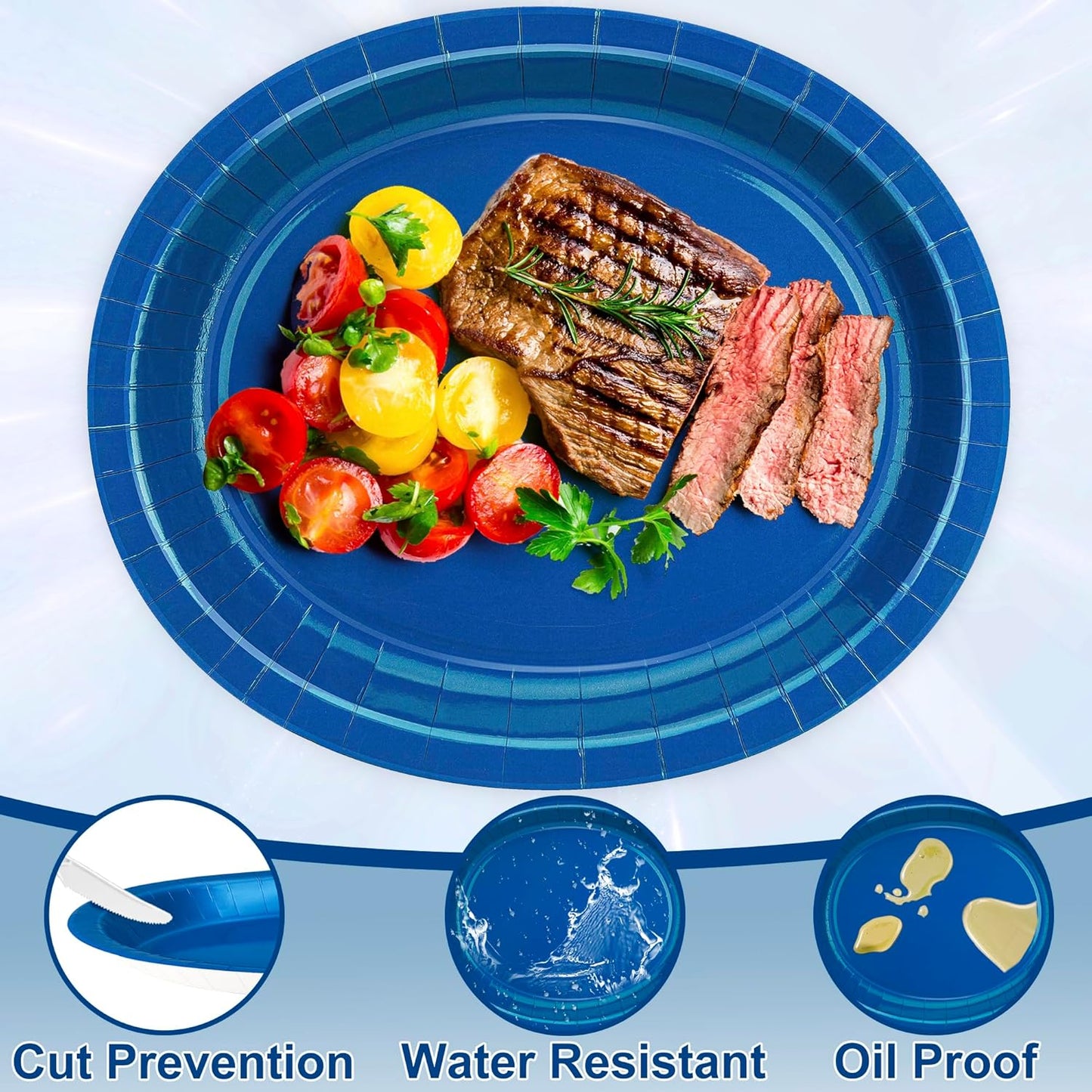 QZYL 50 Count Blue Oval Large Paper Plates, 12.2'' X 10.2'', Bulk Dinner Plates for Birthday, Picnic, Holiday, Camping, Barbecue, Baby Shower Parties