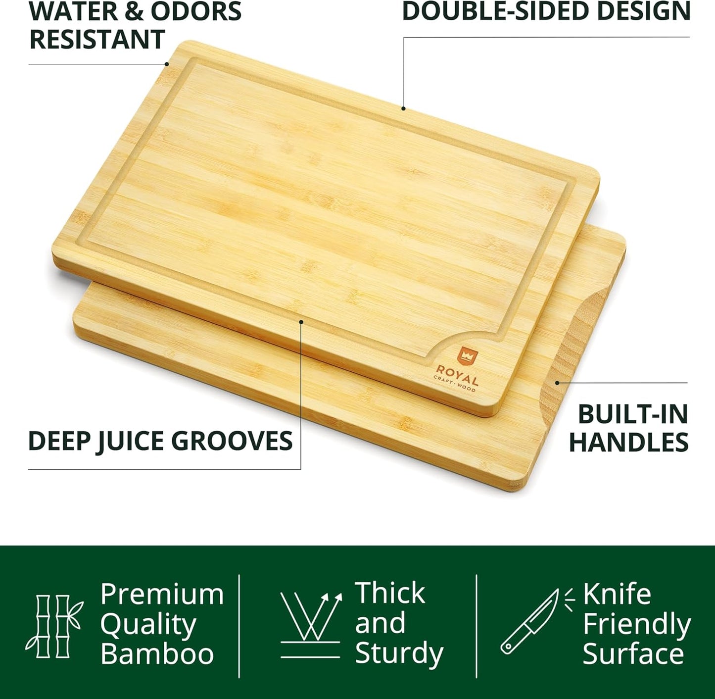 ROYAL CRAFT WOOD Wooden Cutting Boards for Kitchen Meal Prep & Serving - Bamboo Wood Serving Board Set with Deep Juice Groove Side Handles - Charcuterie & Chopping Butcher Block for Meat