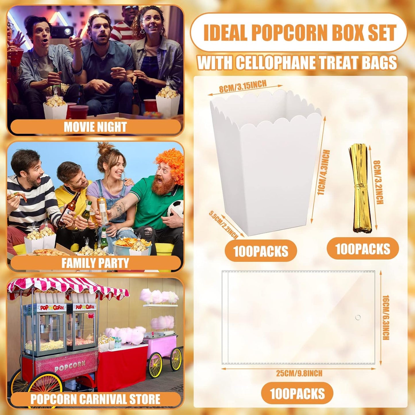 Zopeal 200 Pcs Mini Popcorn Boxes and Clear Treat Bag Set, Bulk Popcorn Bags Open Top Paper Popcorn Containers with Treat Bags Popcorn Candy Boxes for Movie, Party, 3 x 4 Inch (White)