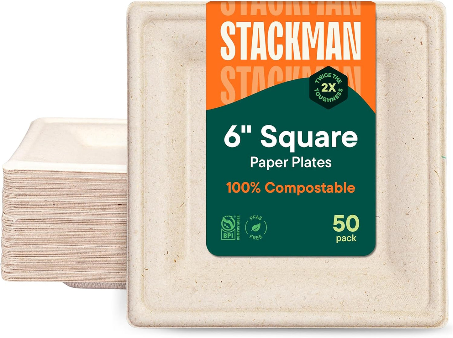 100% Compostable Square Paper Plates [50-Pack] - {PFAS-Free} - {BPI Certified} - [6 Inch] Heavy Duty, Eco-Friendly, Biodegradable Bagasse Dinner Plates - Natural Brown 6" Plate by Stack Man