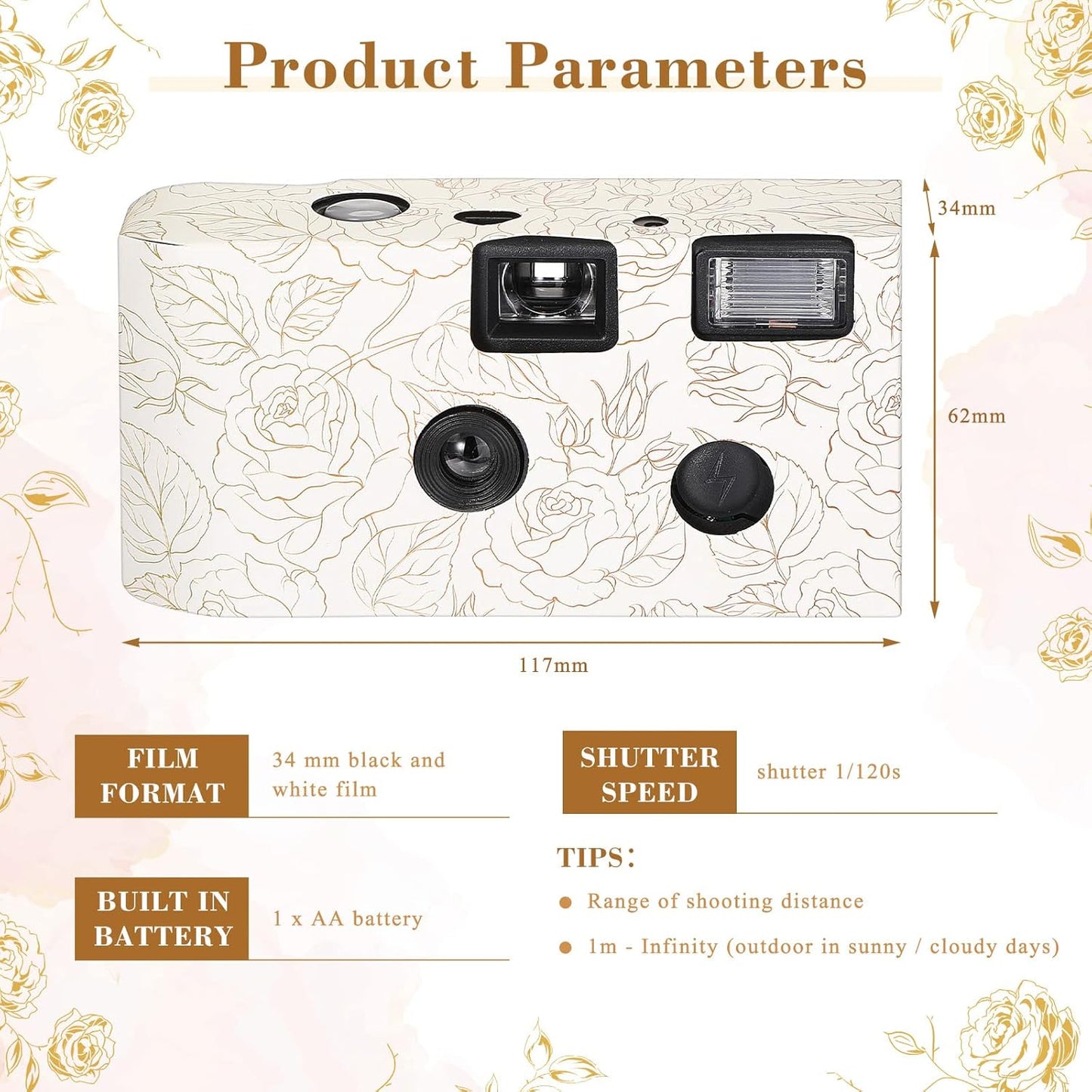 Zhengmy 4 Pack Disposable Camera for Wedding,34mm Single Use Camera with Flash One Time for Gathering Wedding Anniversary Travel Party Supply(Fresh Style, Black White Film)