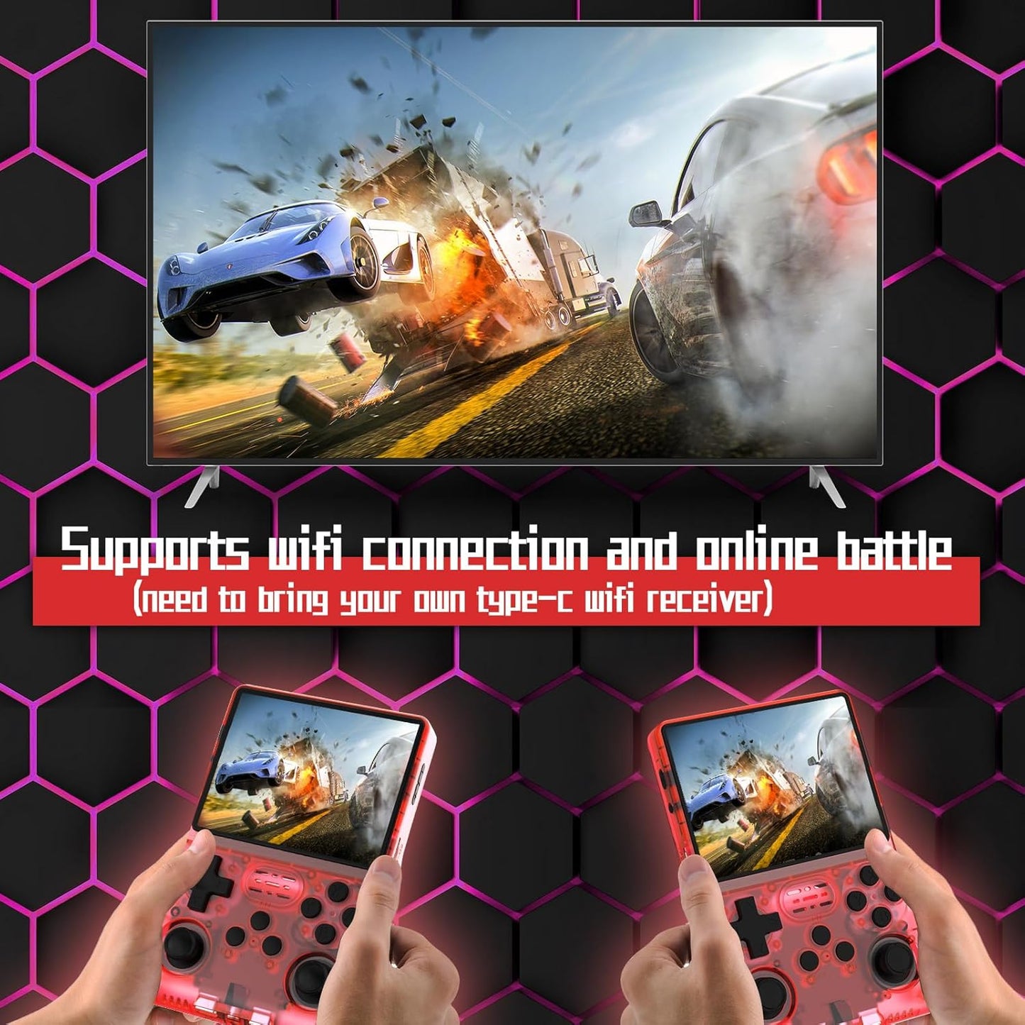 FVBADE[30000 in 1] R40S PRO Handheld Game Console 3.5 inch IPS Screen Mini Retro Console 3800mAh Portable Pocket Arcade 45+ Mainstream Emulator 256G TF Card Transparent.(Red)