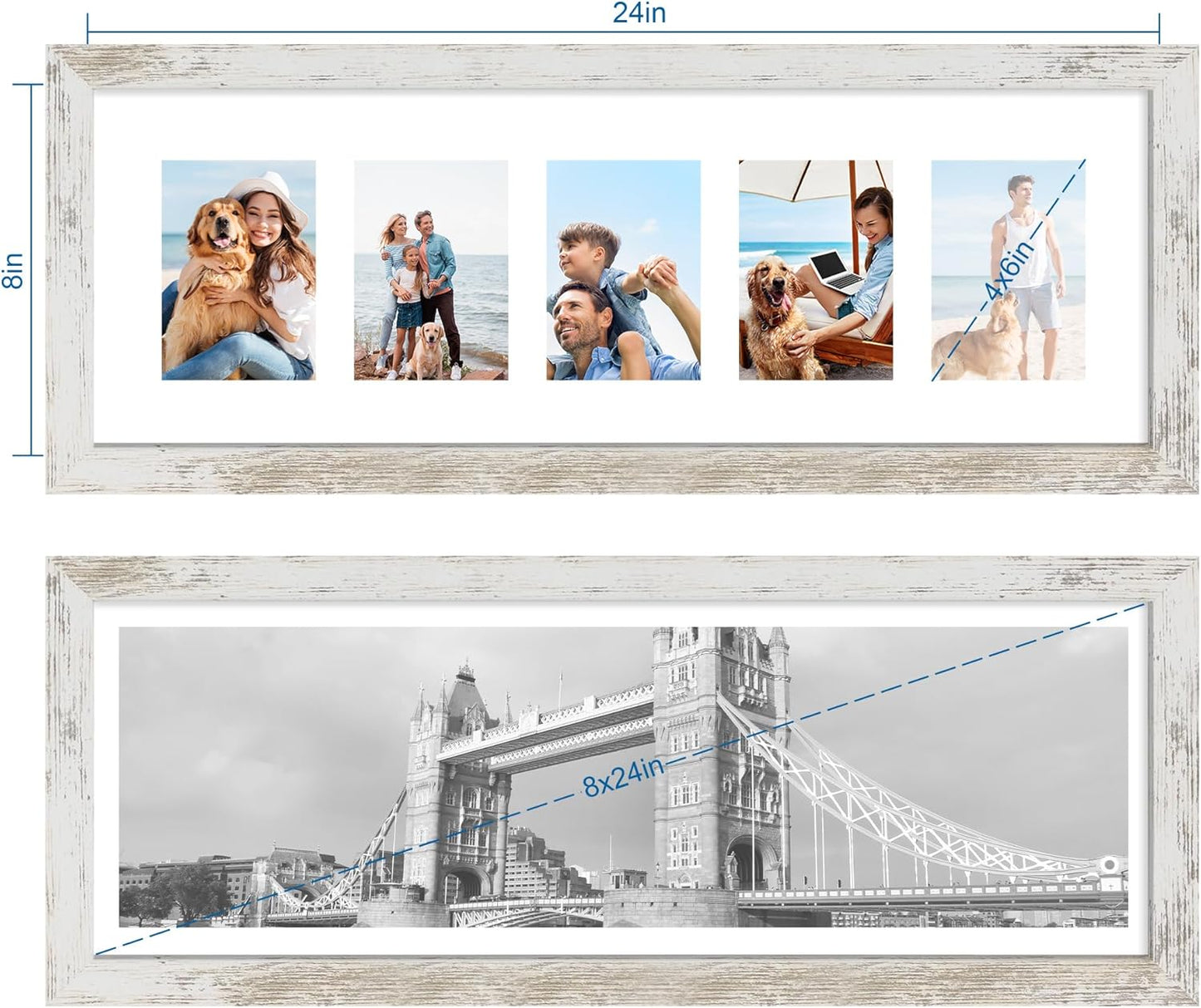 8x24 Picture Frame 2 Pack, Distressed White Wood Frame with Tempered Glass, Display Pictures Multiple Five 4x6 With Mat or 8 x 24 Without Mat - Horizontal or Vertical Wall Mounting