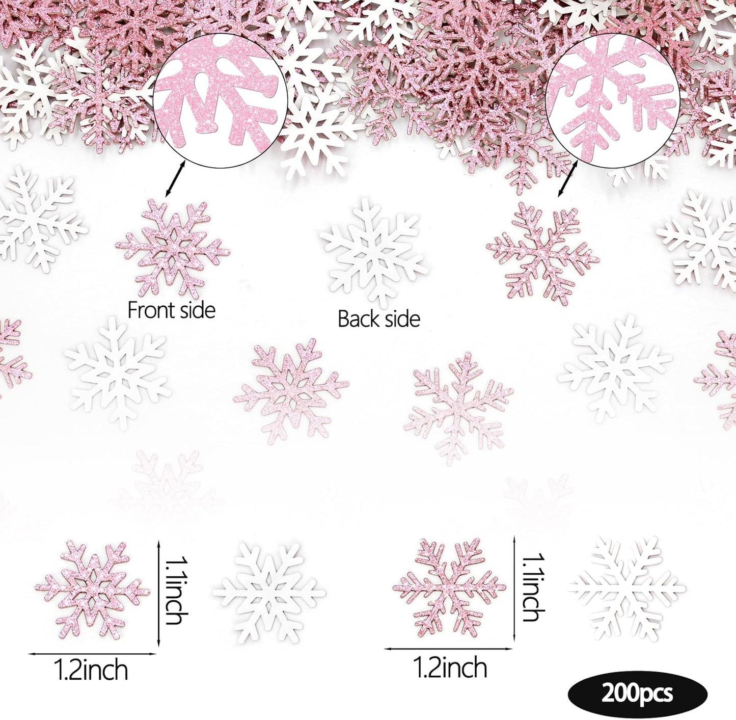 200PC Pink Glitter Snowflake Confetti Winter Onderland Decorations Paper Snowflakes Table Scatter for Winter Wonderland Birthday Baby Shower Party Decor