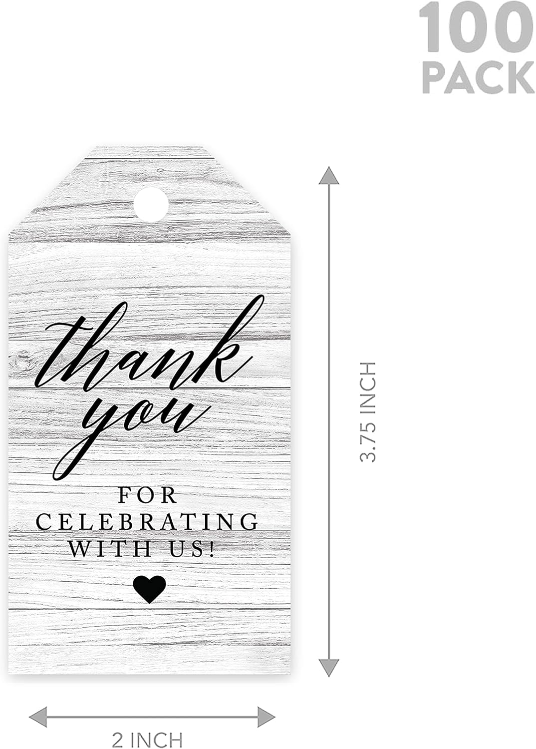 Andaz Press 100-Pack Thank You for Celebrating with Us Favor Tags Gray Rustic Wood Cardstock Gift Tags with Bakers Twine for Wedding Baby Shower Bridal Shower Birthday Party Favors 2 x 3.75-Inches