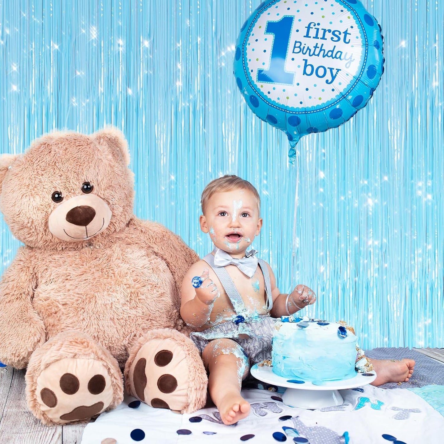 GCB 2Pack Macaron Blue Metallic Tinsel Foil Fringe Curtains, Pastel Blue Door Streamers Photo Booth Backdrop for Birthday Party, Tinsel Curtain Backdrop for Baby Shower Bachelorette Party Decorations