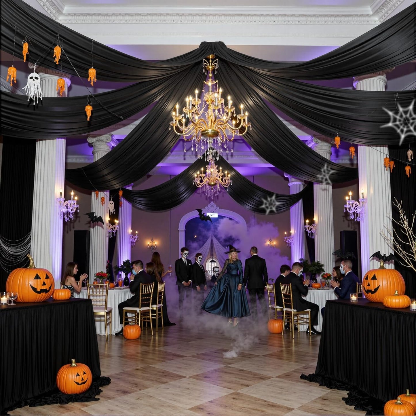 PartyVillage 10ftx40ft Black Ceiling Curtain for Halloween Parties – 2 Panels Wrinkle-Free 40 FT Long Tent Draping Curtains for Wedding, Birthday & Theme Parties, 40ft Height with Rod Pocket