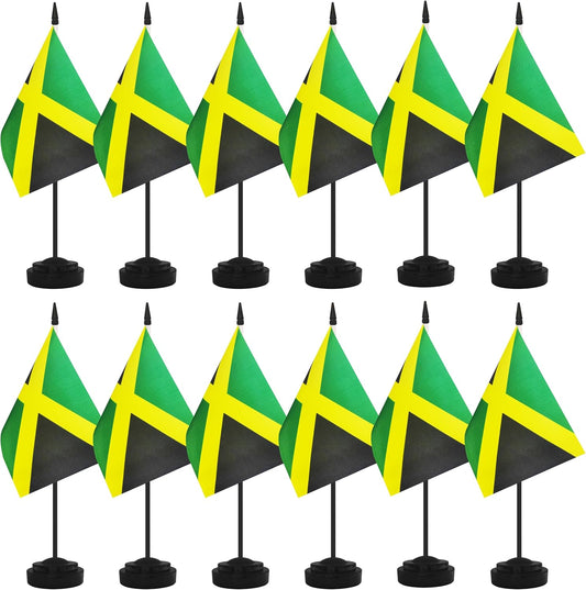 12 Pack Jamaica Desk Flags, Jamaican Desktop Flag, Small Miniature Office Flags with 12" Black Pole and Black Base, Offices, Classroom, Home, Festival Decoration (Jamaica)
