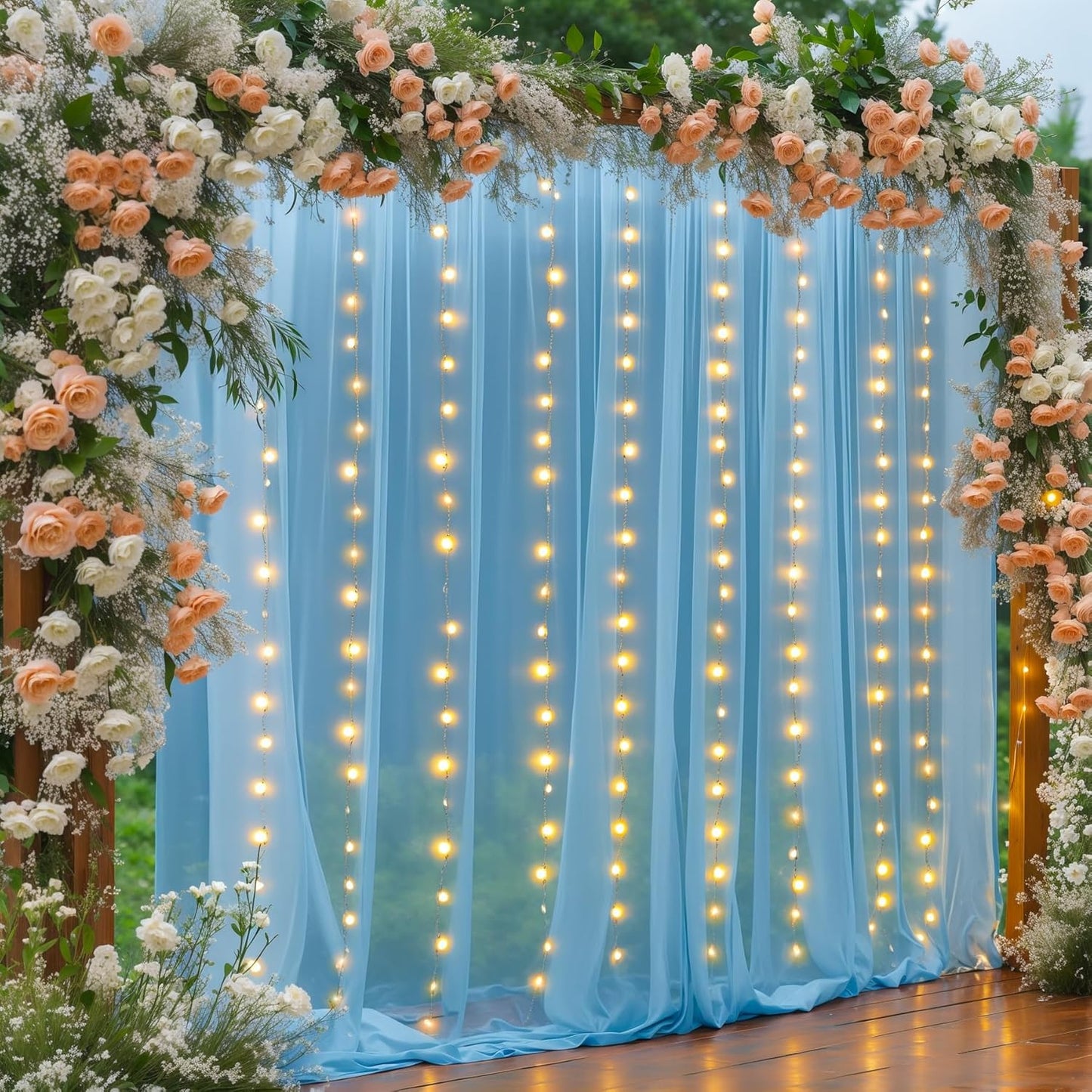 20×10ft Blue Tulle Backdrop Curtain with Lights String for Parties, Sheer Photo Backdrop Curtains for Wedding Party Photography Background
