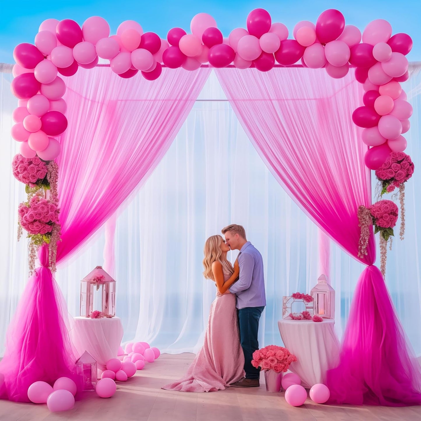 10x10 Hot Pink Tulle Backdrop Curtains for Parties, Sheer Backdrop Curtain Wedding Photo Background Drapes for Baby Shower Photography Birthday Party
