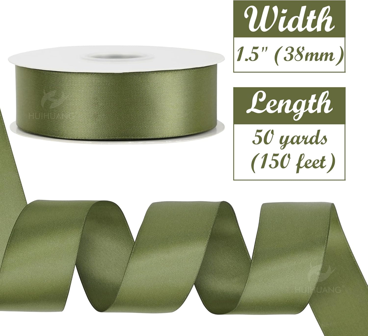 HUIHUANG 1-1/2 inch Double Face Satin Ribbon, Polyester Moss Green Ribbon 50 Yards Per Roll for Gift Wrapping Bows Making Floral Bouquet Wedding Invitations Decor Party Favor and Craft Supplies