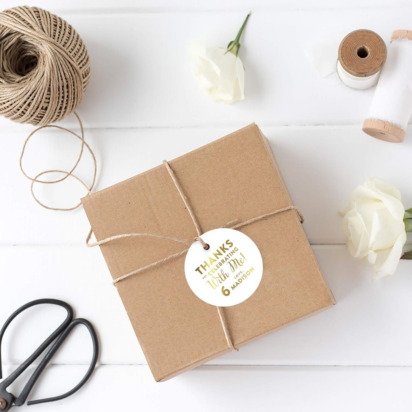 Andaz Press Personalized Round Circle Birthday Gift Tags, Metallic Gold Ink, Thanks for Celebrating with Me with Age, 24-Pack, Custom Made Name Age