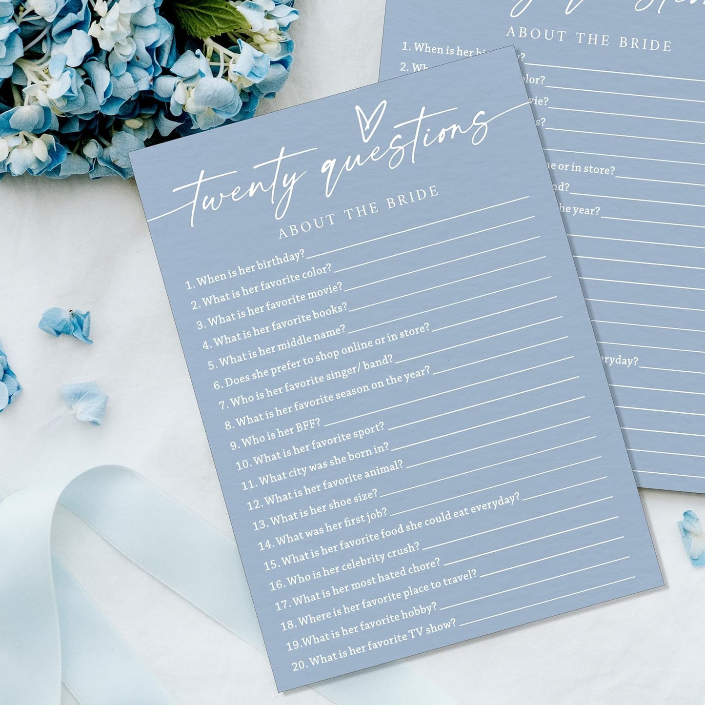 Fun Wedding Shower Games Cards, Twenty Questions About the Bride, Bridal Party Game and Favors for 25 Guests, Bridal Shower Decorations, Minimalist Blue Wedding Party Supplies - B07