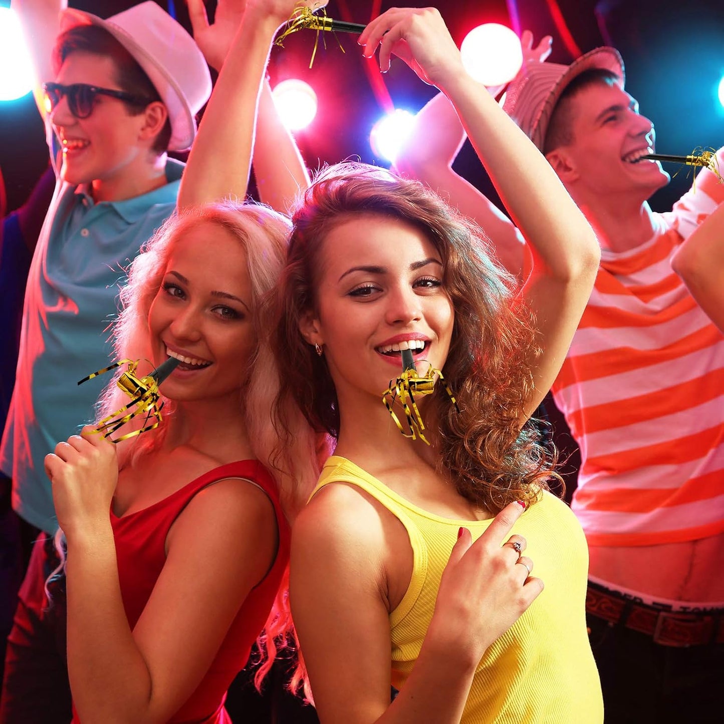 Skylety 18 Pcs Party Blower Noisemakers Party Squawkers Blowouts Whistles Fringed Noise Maker Musical Blowouts for Birthday Supplies(Black and Gold)