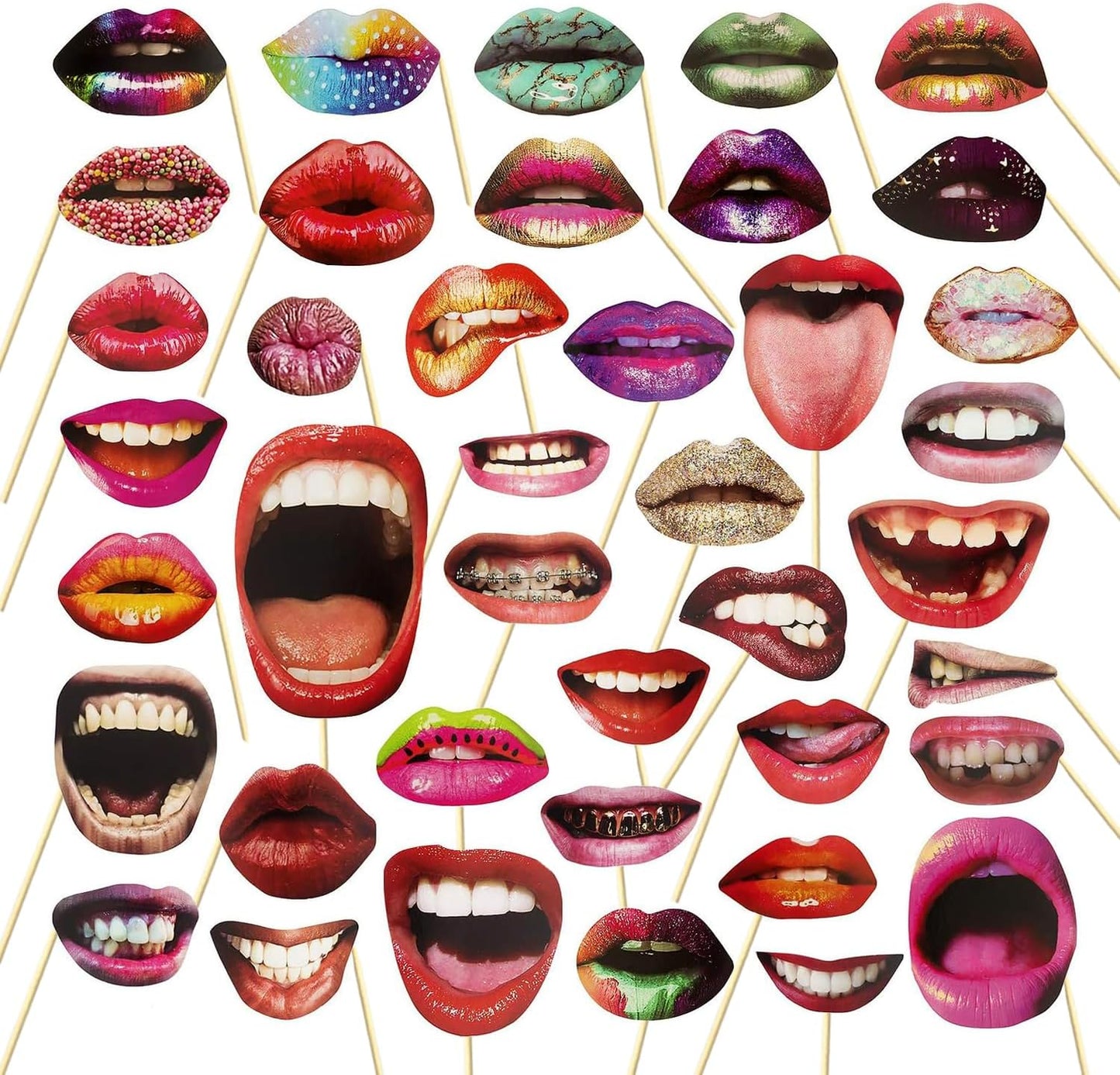 40pcs Party Photo Booth Props, Funny Lips Mouth Selfie Props Accessories with Stick for Halloween Birthday Wedding Graduation Supplies Decoration