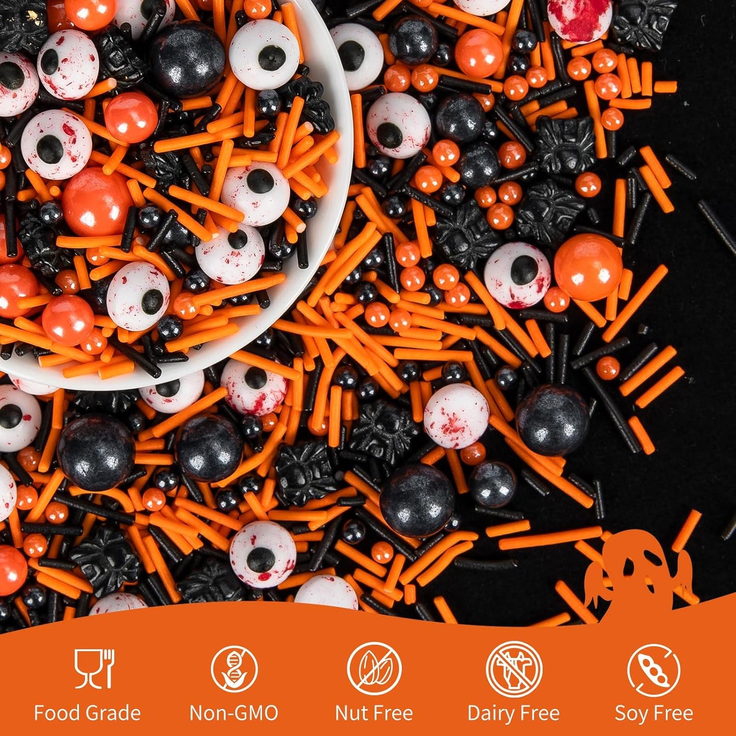 Halloween Terrifying Sprinkles,Candy Bloody Eyeballs,Orange Pearls Black Spider Sprinkle Edible Jimmies Mix,Perfect for Cake Decorations, Baking, Ice Cream, Cookies, Cupcake Topper,Halloween Supplies Children's Party,130g/4.58ounce