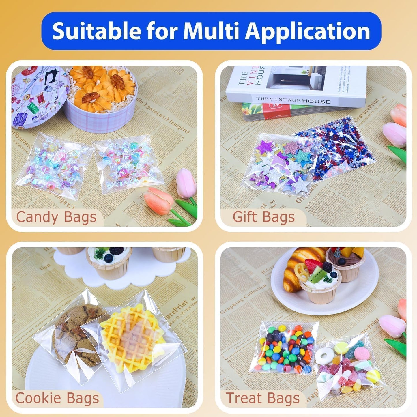 PigPotParty 4''x 4" Clear Plastic Cellophane Bags, 200 Pcs Small Self Sealing Cookie Bags for Gift, Party favor, Greeting Card,Candy, Treat, Goodies, Snack, Self Adhesive Resealable