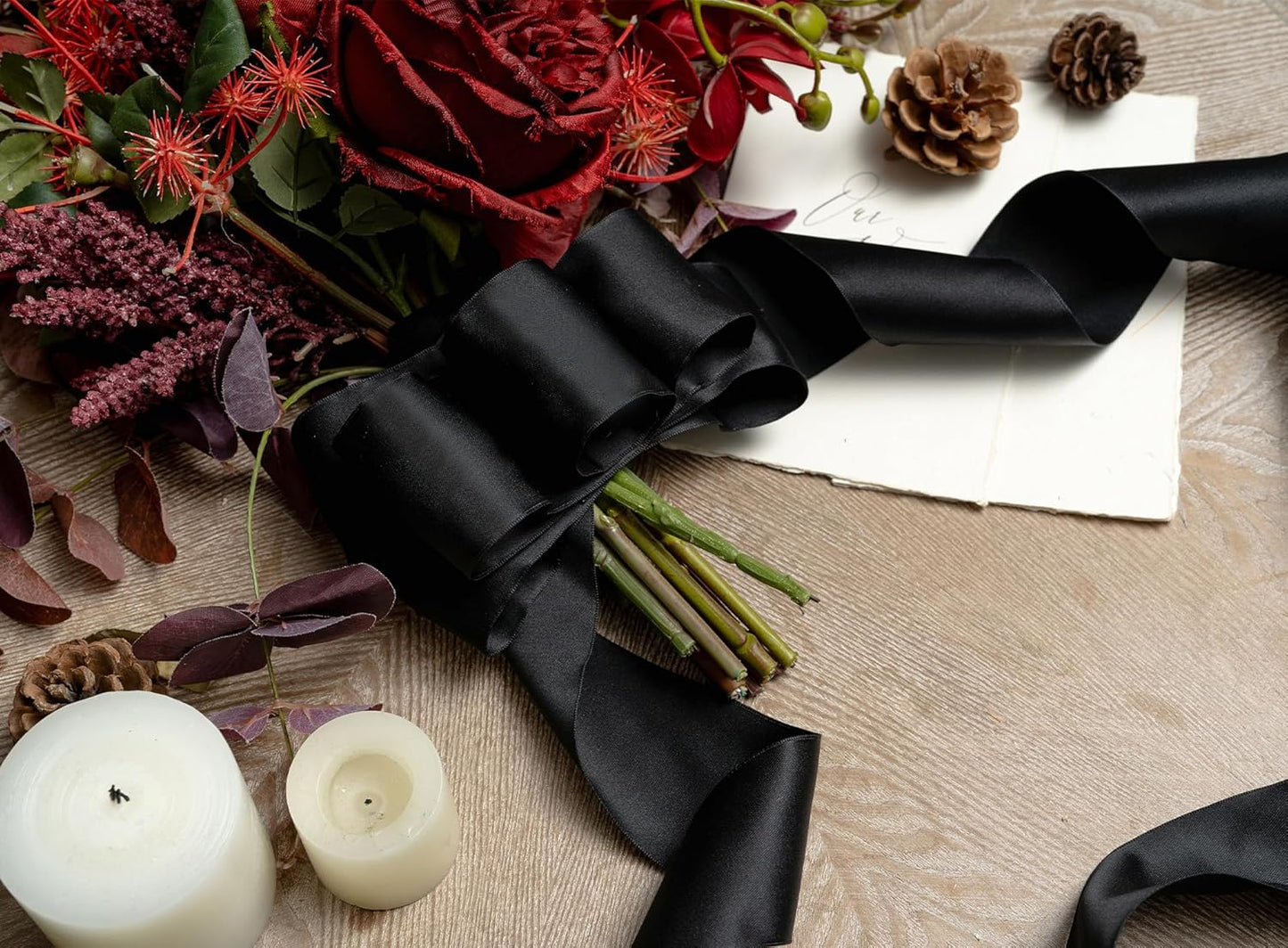 Black Satin Ribbon Double-Faced Wired Ribbons for Gift Wrapping Flower Bouquet Bows Wedding Invitation Christmas Decor Crafts 2-1/2 Inch 10 Yards