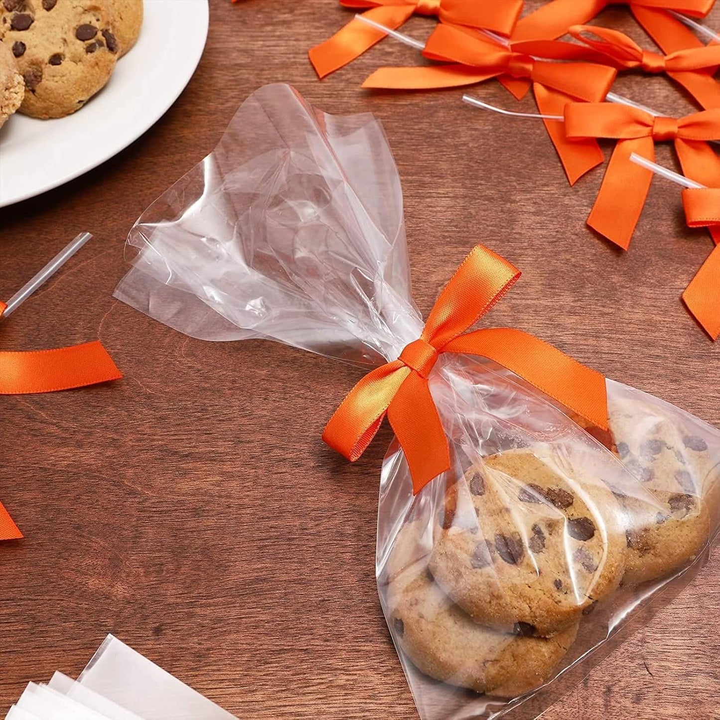 Bright Creations 100 Pack Orange Twist Tie Bows for Treat Bags - 3" Small Satin Ribbons Orange Twist Ties for Craft Decoration, Gift Wrap, Themed Party Favors, Baked Goods