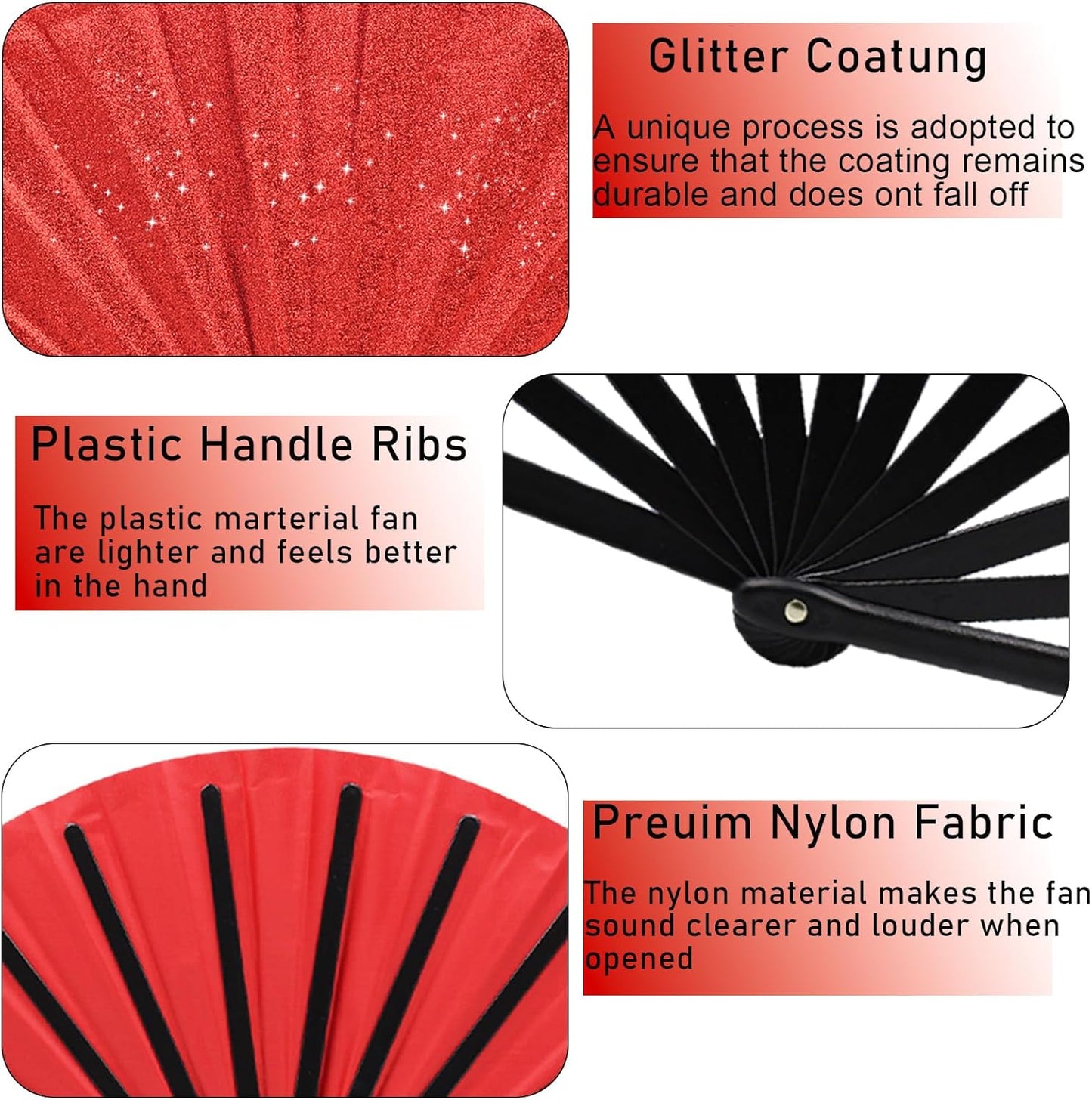 Glitter bling Large Folding Fan-Hand Fan Rave Clack Popping Fan for Line Dancing Clacking Fans for Boots On The Ground Dance, Party for EDM, Music Festival, Hot Flashes, Party, Decoration(1pcs red)