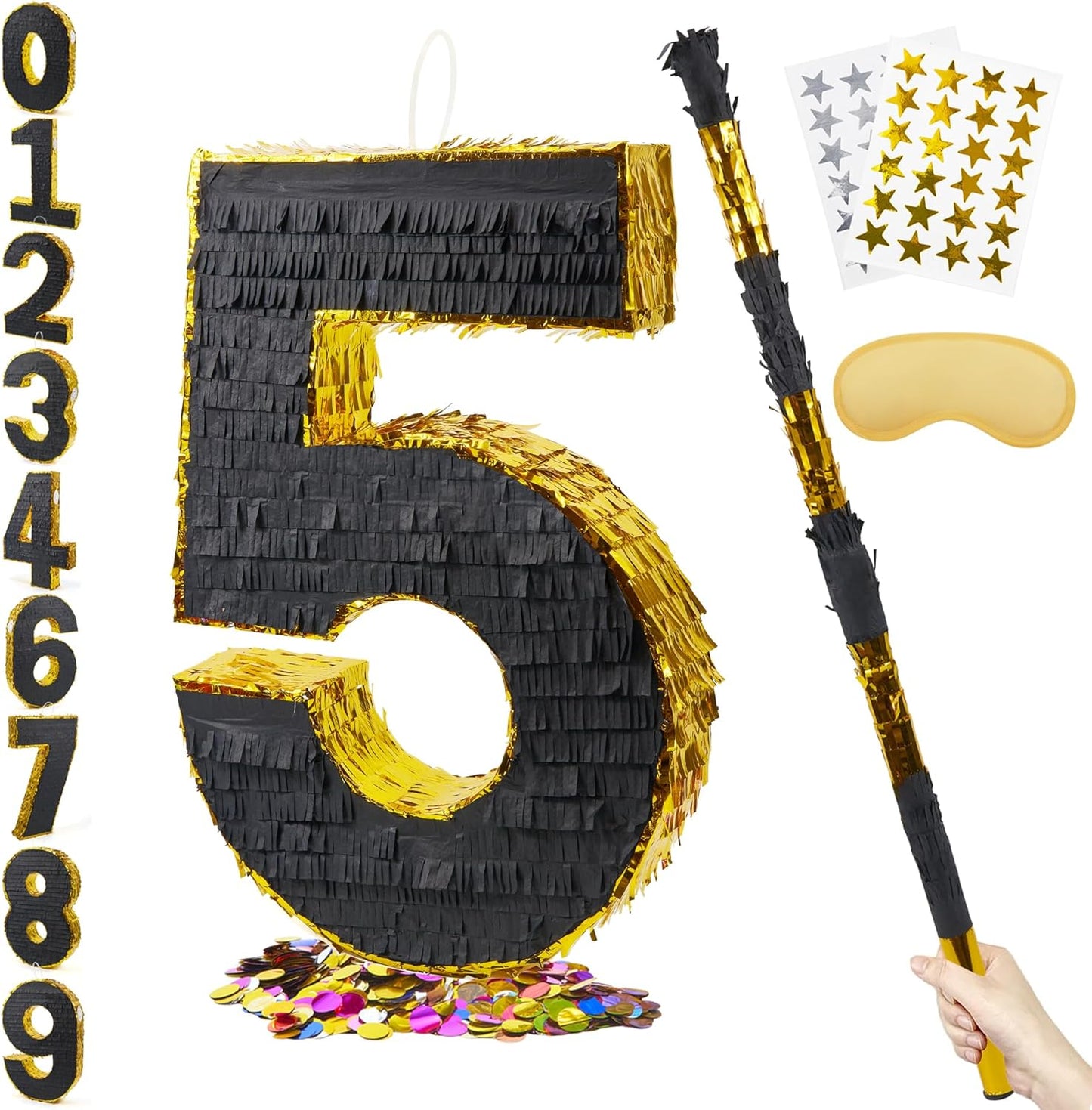 PCFING 20 Inch Number 5 Piñata Gold Black with 30 Inch Piñata Stick Blindfold Confetti for Man Women Boys Girls Birthday Party Decorations, Anniversary Celebration, Fiesta
