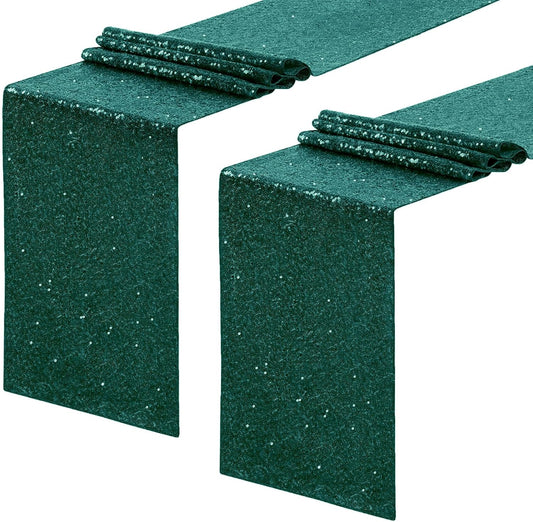 Sequin Table Runners 2 Pieces Emerald Green Table Runners 12x72 Inch Glitter Dining Table Cover for Party Wedding Birthday Reception Banquet Decoration Spring Party Chair Sashes