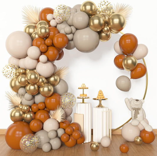 Amandir 153pcs Burnt Orange Balloon Garland Arch Kit, Different Sizes 18 12 10 5inch White Sand Nude Latex Metallic Gold Confetti Thanksgiving Fall Balloons for Baby Shower Birthday Party Decorations