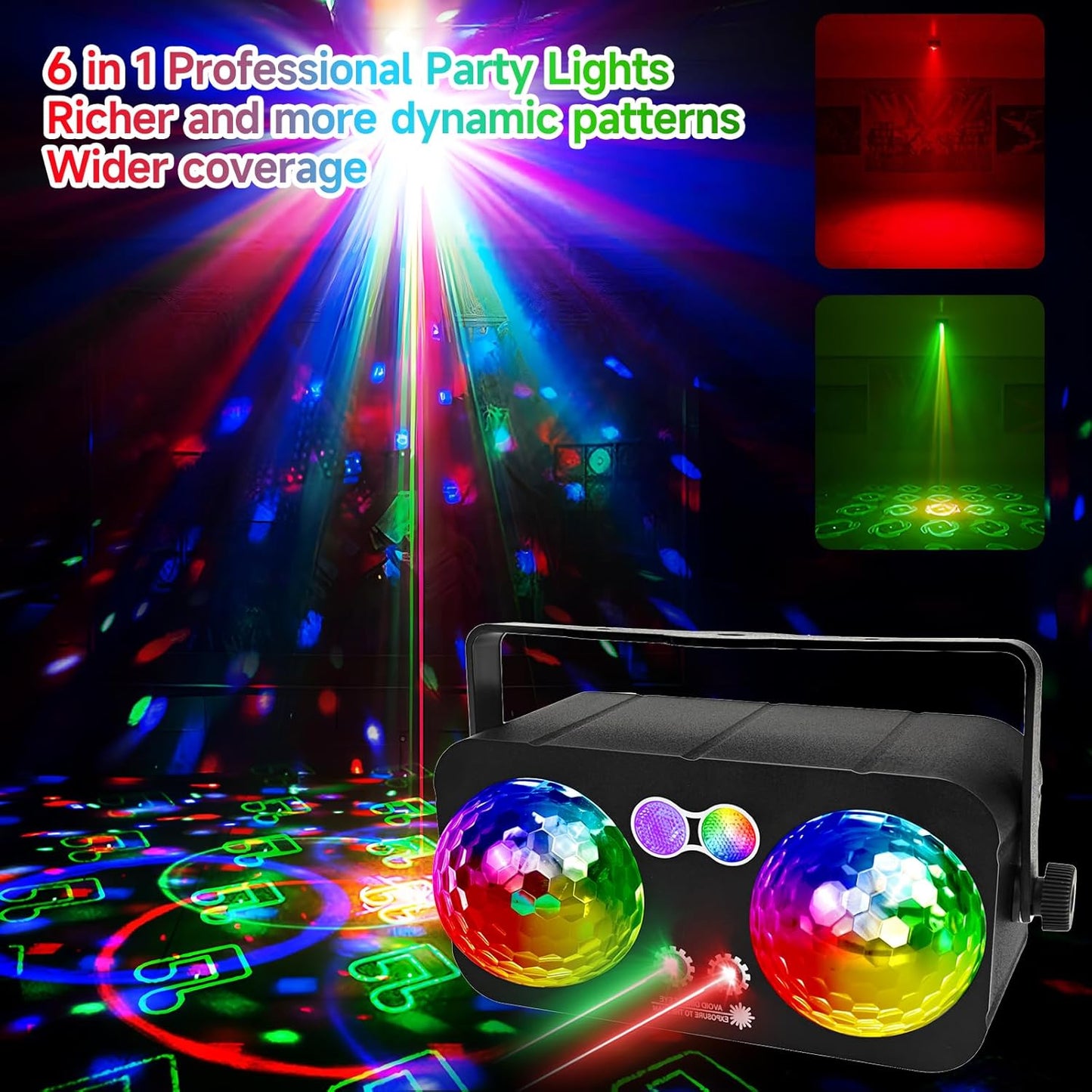 6 in 1 Party Lights Disco Ball Light Dj Disco Lights LED Stage Strobe Lights Projector Sound Activated with Remote for Dance Parties，Parties Club Bar Holiday Christmas Gift Birthday Wedding Karaoke