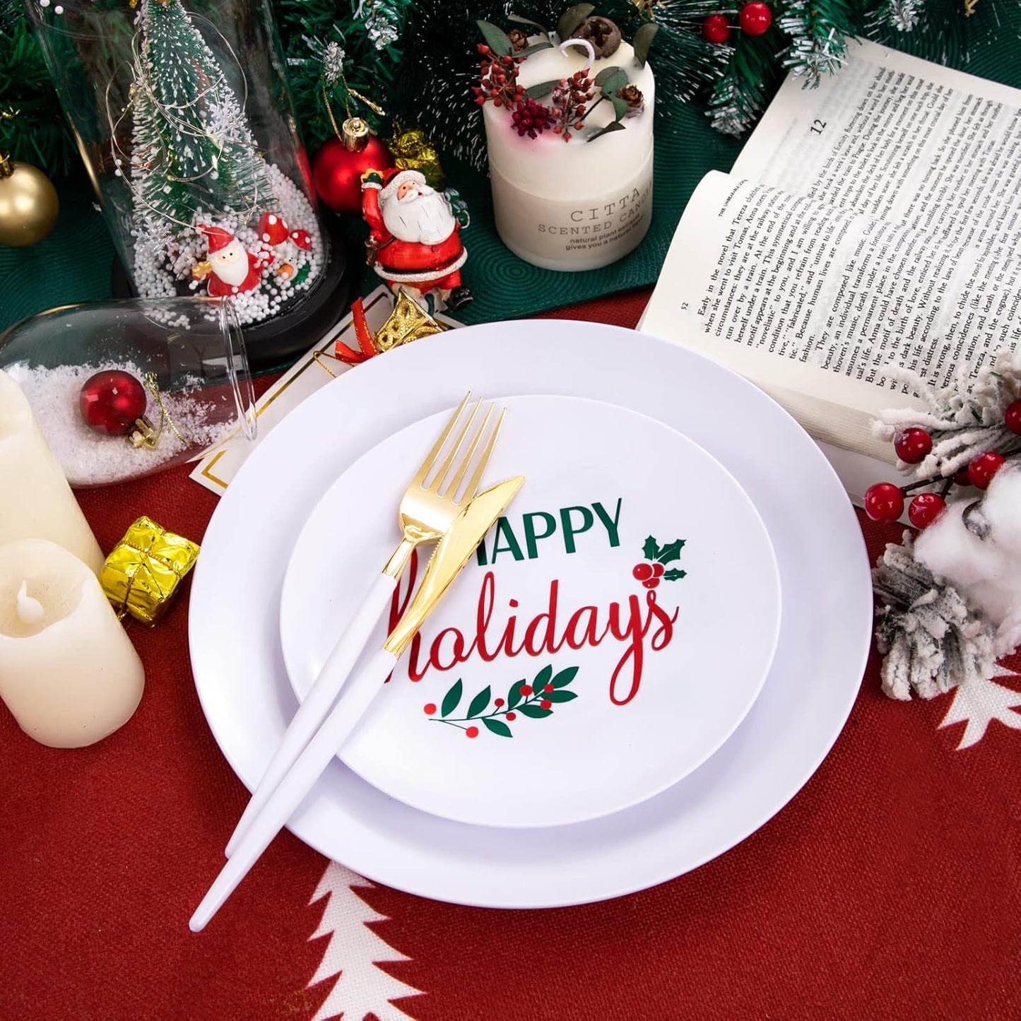 Supernal 150pcs Easter Plastic Dinnerware with Plastic Plates,White and Gold Silverware, Easter Disposable Party Plates with "Happy Holiday" Design for Festival Gatherings