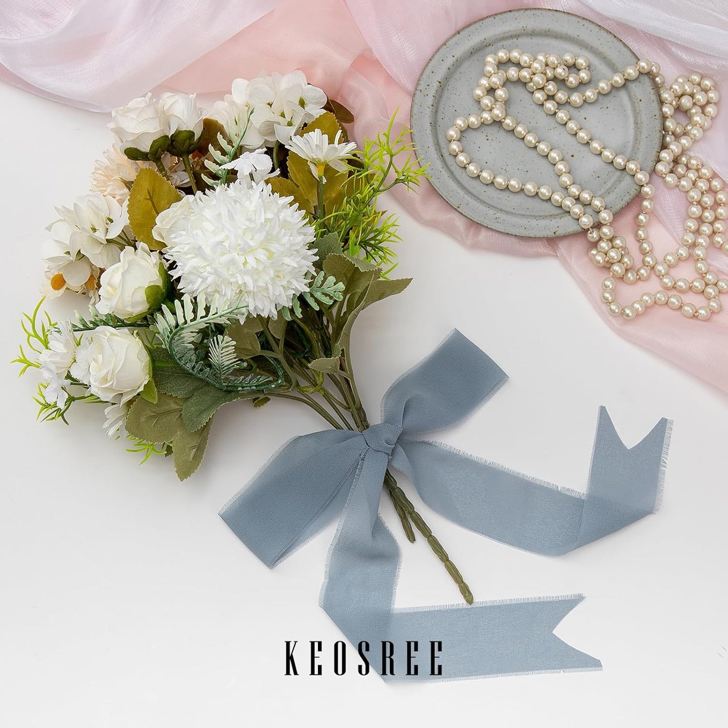 3 Rolls Dusty Blue Handmade Chiffon Ribbon,1.5" x 21Yd Frayed Fringe Silk Ribbons (3 Rolls *7Yd) for Gifts Wrapping, Wedding Invitations, Bridal Bouquets, Decorations