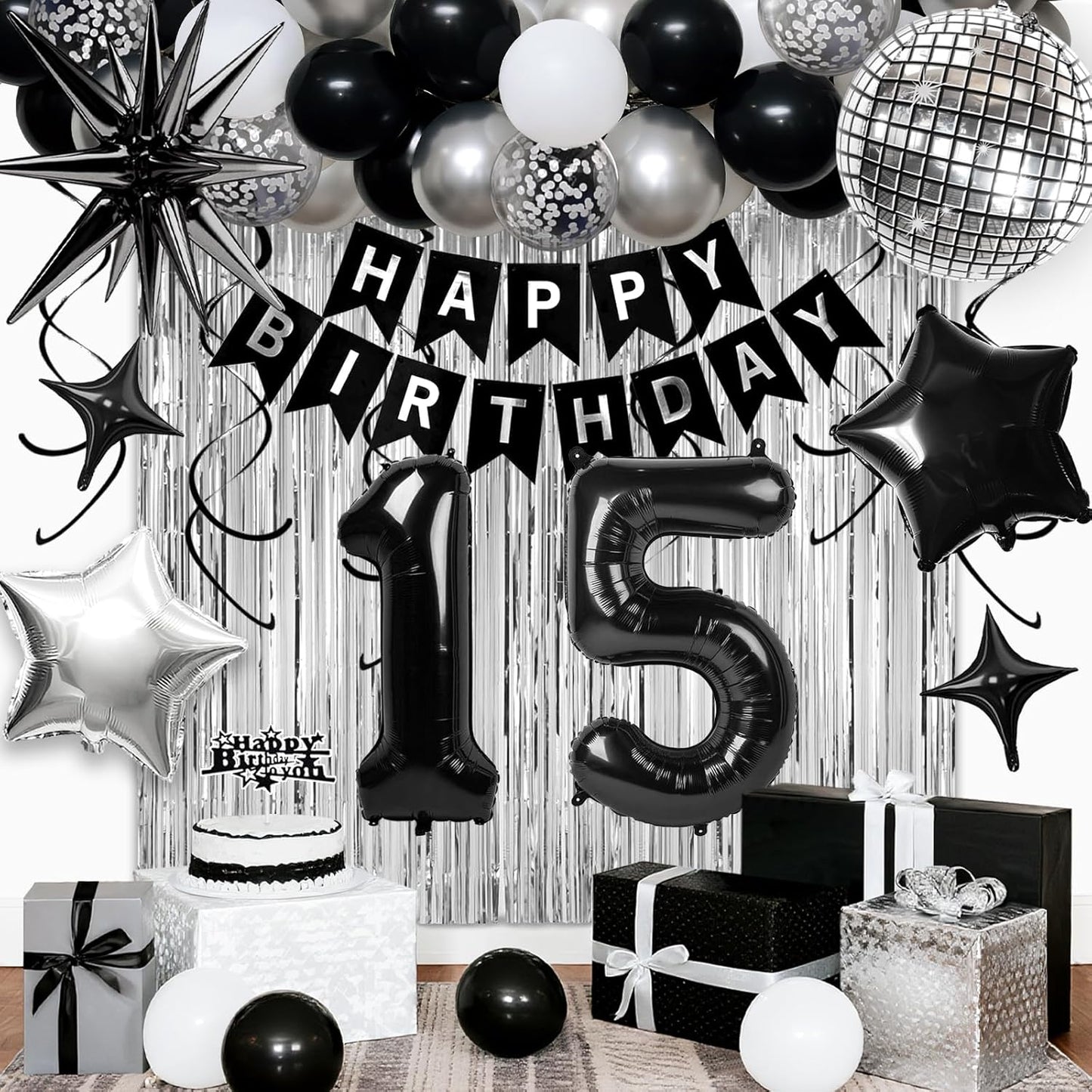 15th Birthday Decorations for Boys Girls, Black Silver Happy Birthday Party Decorations， 15 Year Old Party Supplies with Number 15 Balloons, Banner, Fringe Curtains Kit