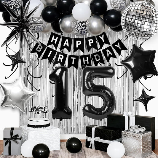 15th Birthday Decorations for Boys Girls, Black Silver Happy Birthday Party Decorations， 15 Year Old Party Supplies with Number 15 Balloons, Banner, Fringe Curtains Kit